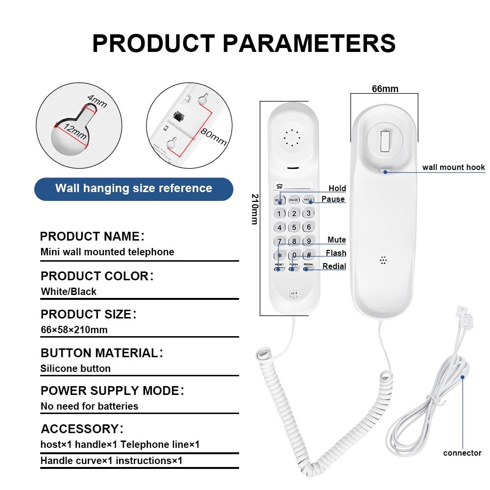 White OF-990 Slimline Telephone Wall-Mountable Basic Corded Telephone No AC Power Required, Corded Home Phone