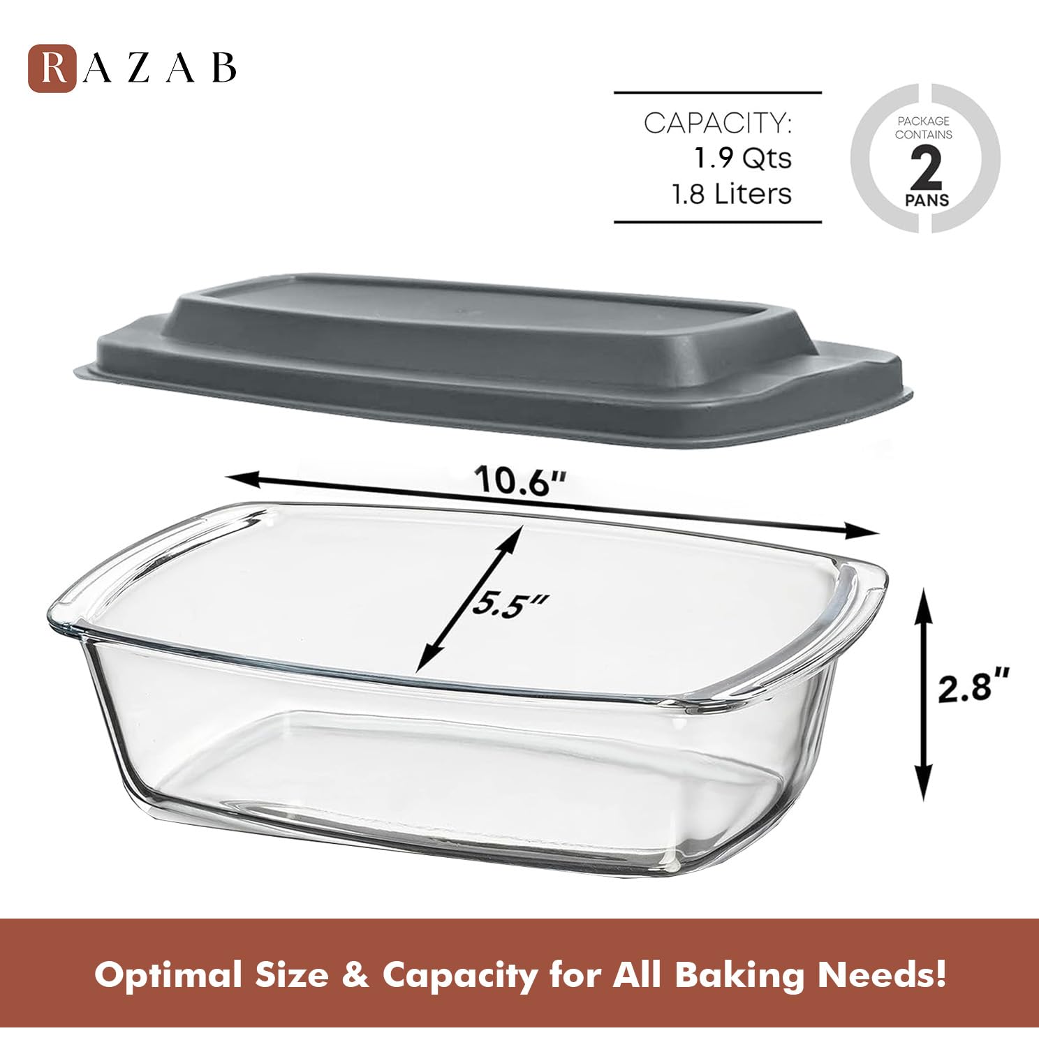 Razab LARGE 7.6 Cups/1800 ML/1.9 Qt Glass Loaf Pan with Lids (Set of 2) - Meatloaf Pan BPA free Airtight Lids Grip Handle Easy Carry, Microwave and Oven Safe - Loaf Pans For Baking Bread, Cakes