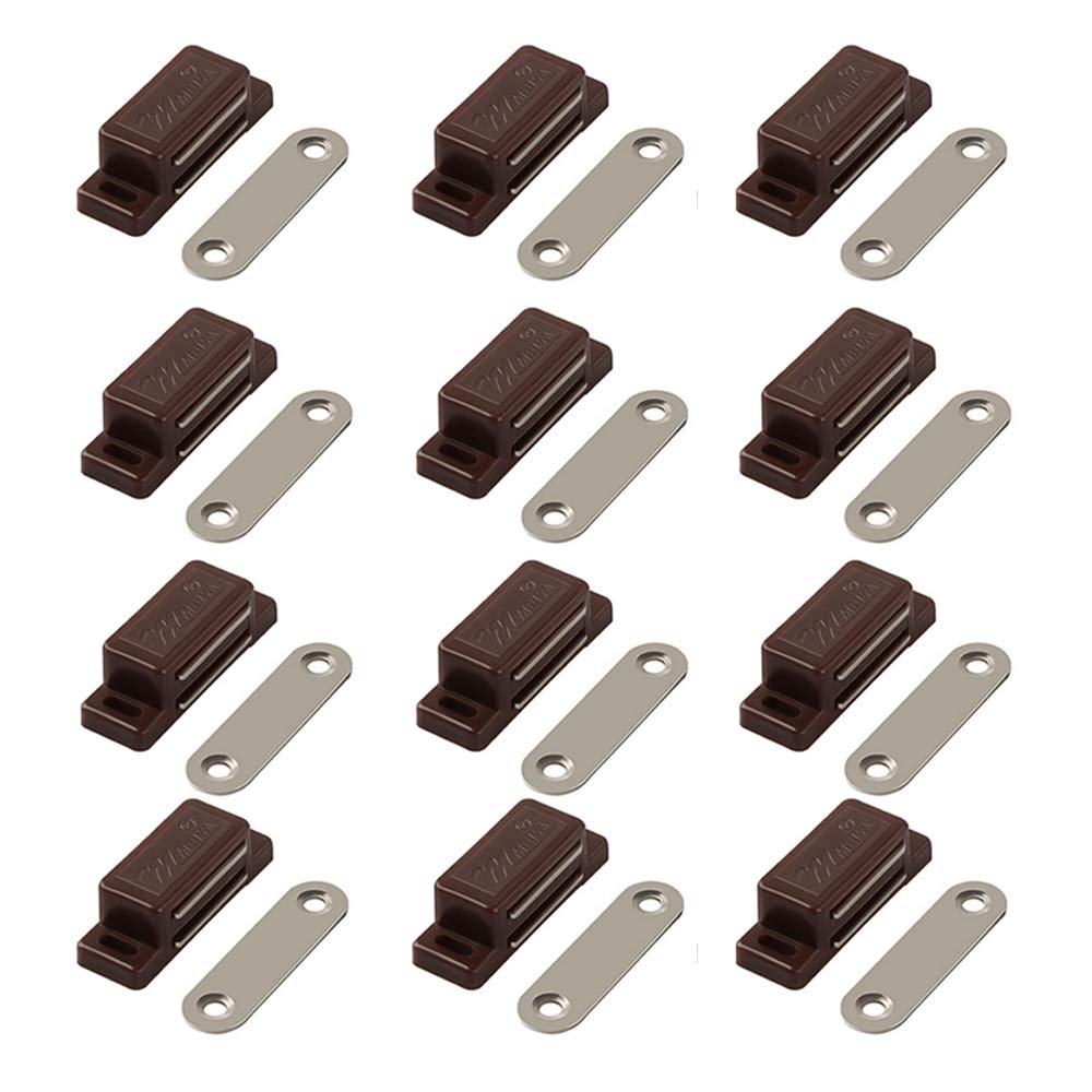 QEDT Cabinet Magnet Latch - Best for Cabinet Doors, Cupboards, Drawers and Shutters - Cabinet Magnetic Latch Easy Install - Magnetic Cabinet Catch Screws Included - Set of 12(Brown)