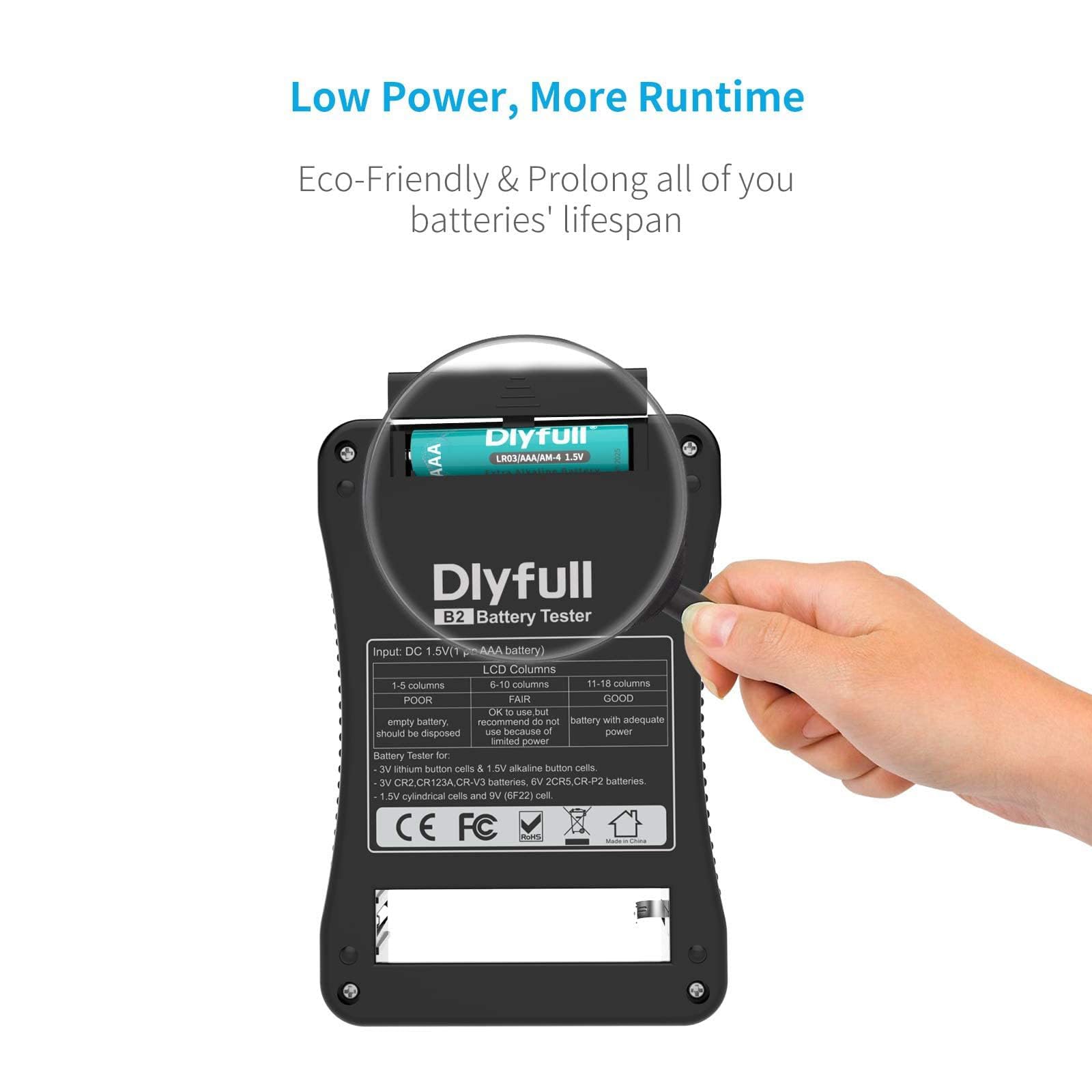 Battery Tester, Dlyfull LCD Display Universal Battery Checker for AA AAA C D 9V CR2032 CR123A CR2 CRV3 2CR5 CRP2 1.5V/3V Button Cell Batteries, 1x AAA batteries included