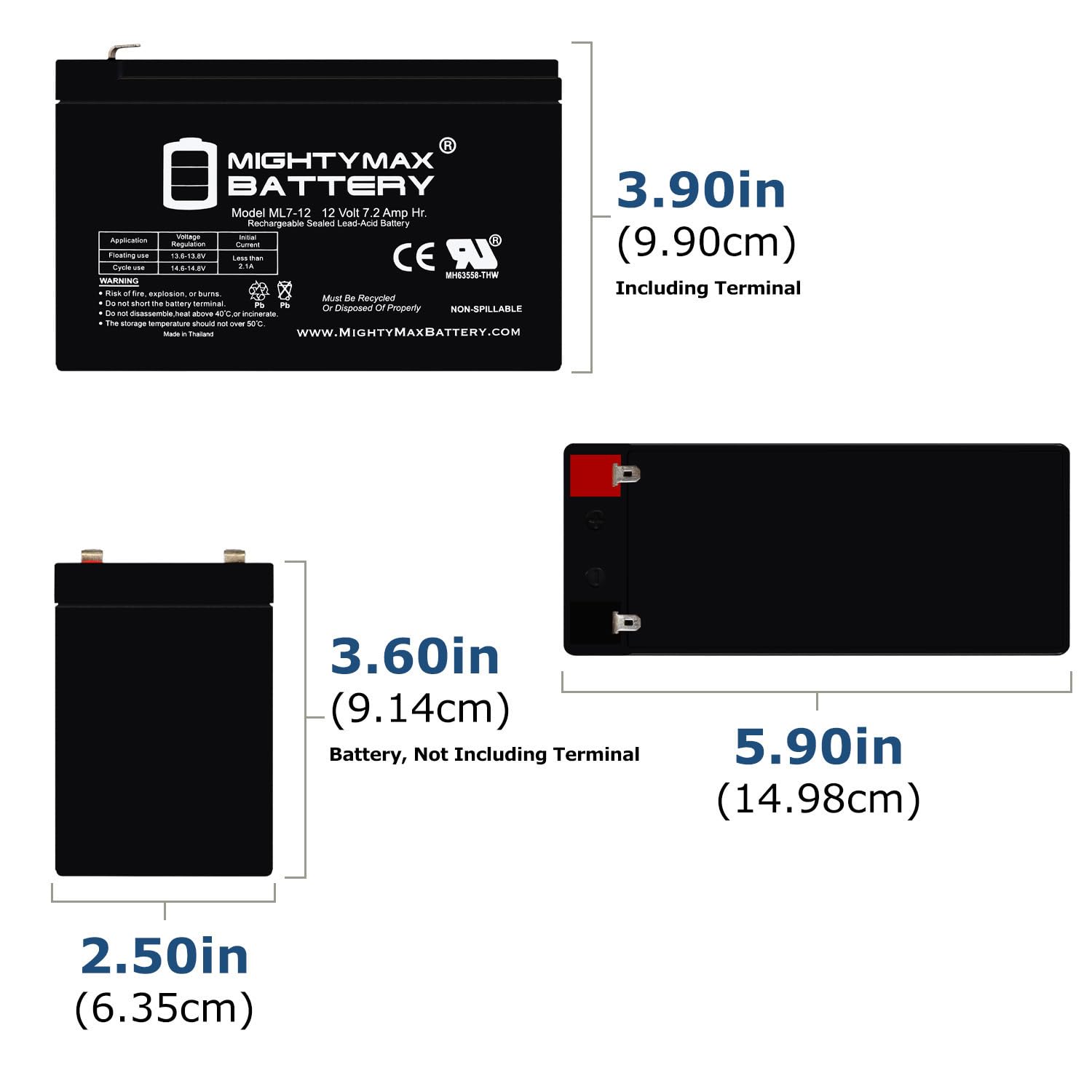ML7-12 - 12 VOLT 7.2 AH SLA BATTERY - Mighty Max Battery brand product, black