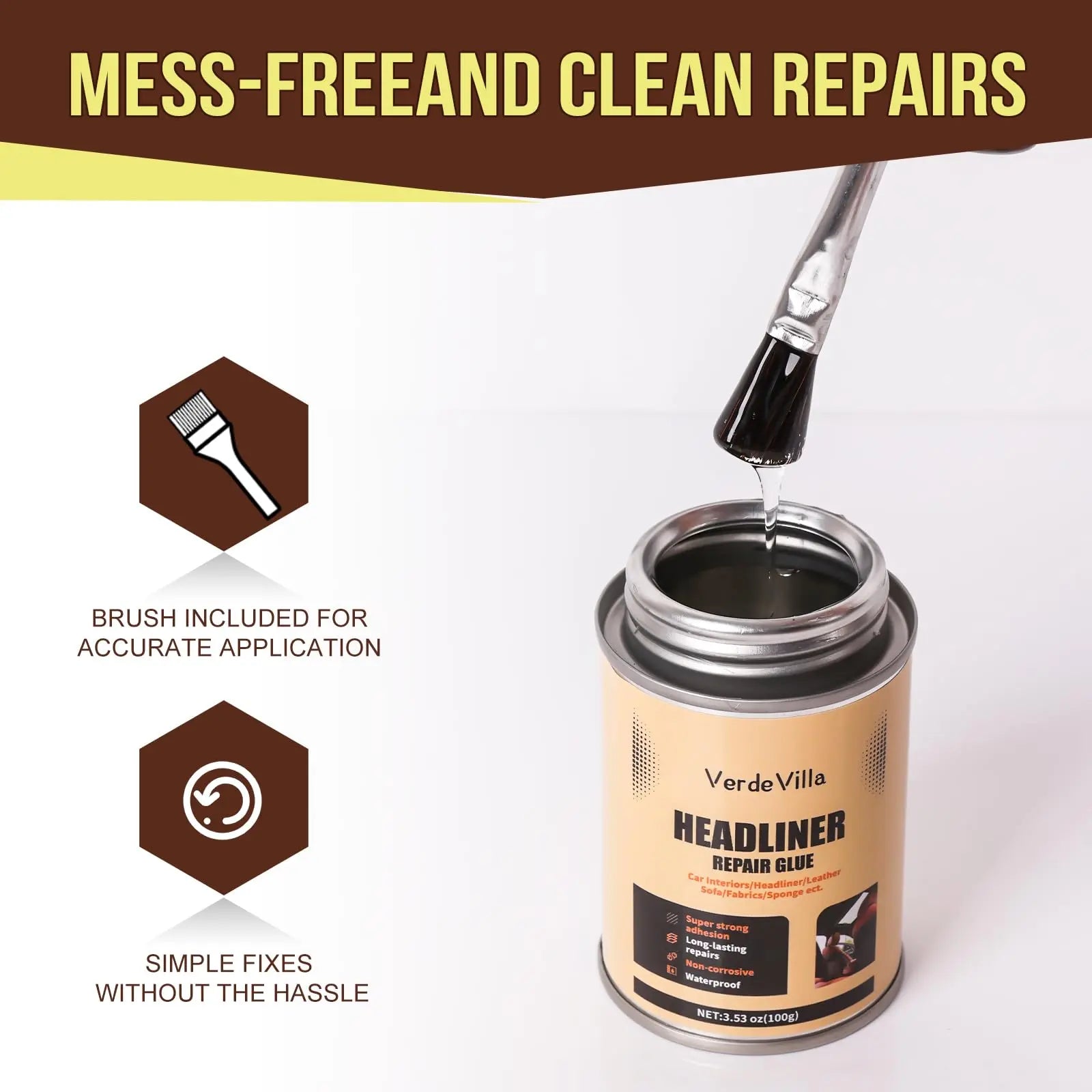 Headliner Repair Glue, Car Headliner Adhesive with Brush, Car Roof Liner Fabric Adhesive, Upholstery Glue for Cars,Headliner Repair Kit, Suitable for Automotive interiors, Fabric, Leather