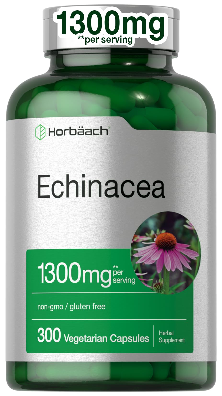 Horbaach Echinacea Extract Capsules 1300mg | 300 Count | Vegan, Non-GMO, Gluten Free Supplement