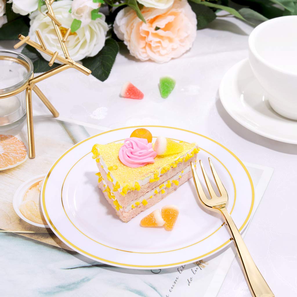 bUCLA 100Pieces Gold Plastic Plates - 6.25inch White with Gold Rim Disposable Salad/Dessert/Appetizer/Small Cake Plates Premium Hard - Ideal for Wedding & Party