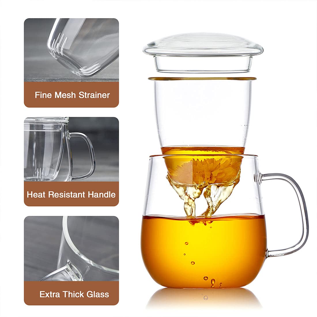 DOPUDO Glass Tea Cup with Infuser and Lid, 17.6oz/520ml Large Borosilicate Teacup,Tea Glass, Clear Mug for Loose Leaf Tea, Blooming Tea, Microwave & Dishwasher Safe - Tea Maker Gift for Birthday