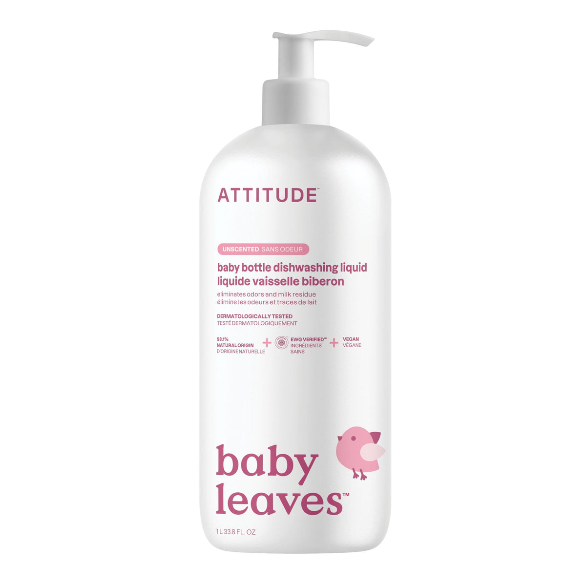 صابون ومنظف أطباق وزجاجات الأطفال من ATTITUDE، سائل غسيل أطباق معتمد من EWG، خالٍ من الأصباغ والعطور المضافة، قوي على بقايا الحليب والدهون، نباتي، غير معطر، 33.8 أونصة سائلة