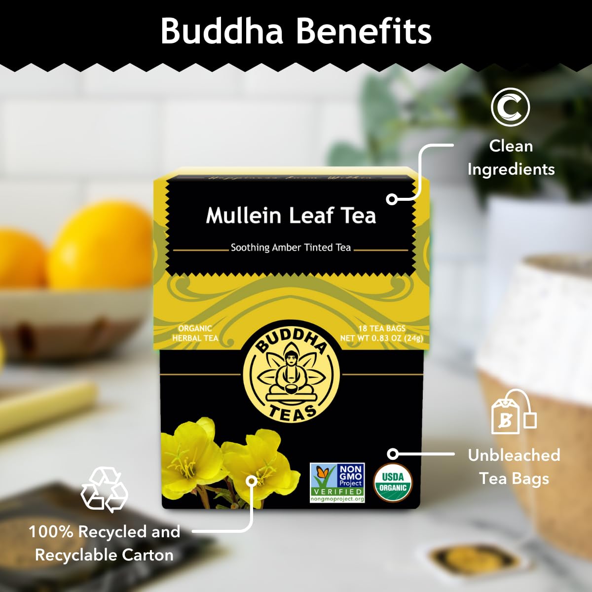 Buddha Teas - Mullein Leaf - Organic Herbal Tea - For Health & Wellbeing - With Antioxidants, Minerals & Vitamin C - Caffeine Free - 100% Kosher & Non-GMO - 18 Tea Bags (Pack of 1)