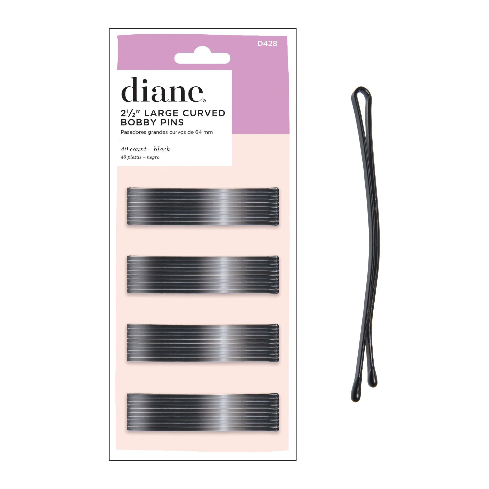 Diane 2.5" Curved Black Bobby Pins for Women, Girls, Salon, Hairdressing, Rollers, Long and Thick Hair, Large Flat Hair Pins with Ball Tips for Securing Updos, Flyaways, 40 Count