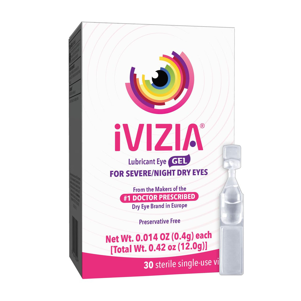 iVIZIA Lubricant Eye Gel for Severe and Nighttime Dry Eye Relief, Preservative-Free, Moisturizing, 30 Sterile Single-Use Vials Packaging May Vary