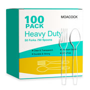 MOACOCK 100 Count Plastic Silverware, Heavy Weight Plastic Forks Spoons Disposable Utensils Cutlery Set for Wedding Party Supplies Everyday Use