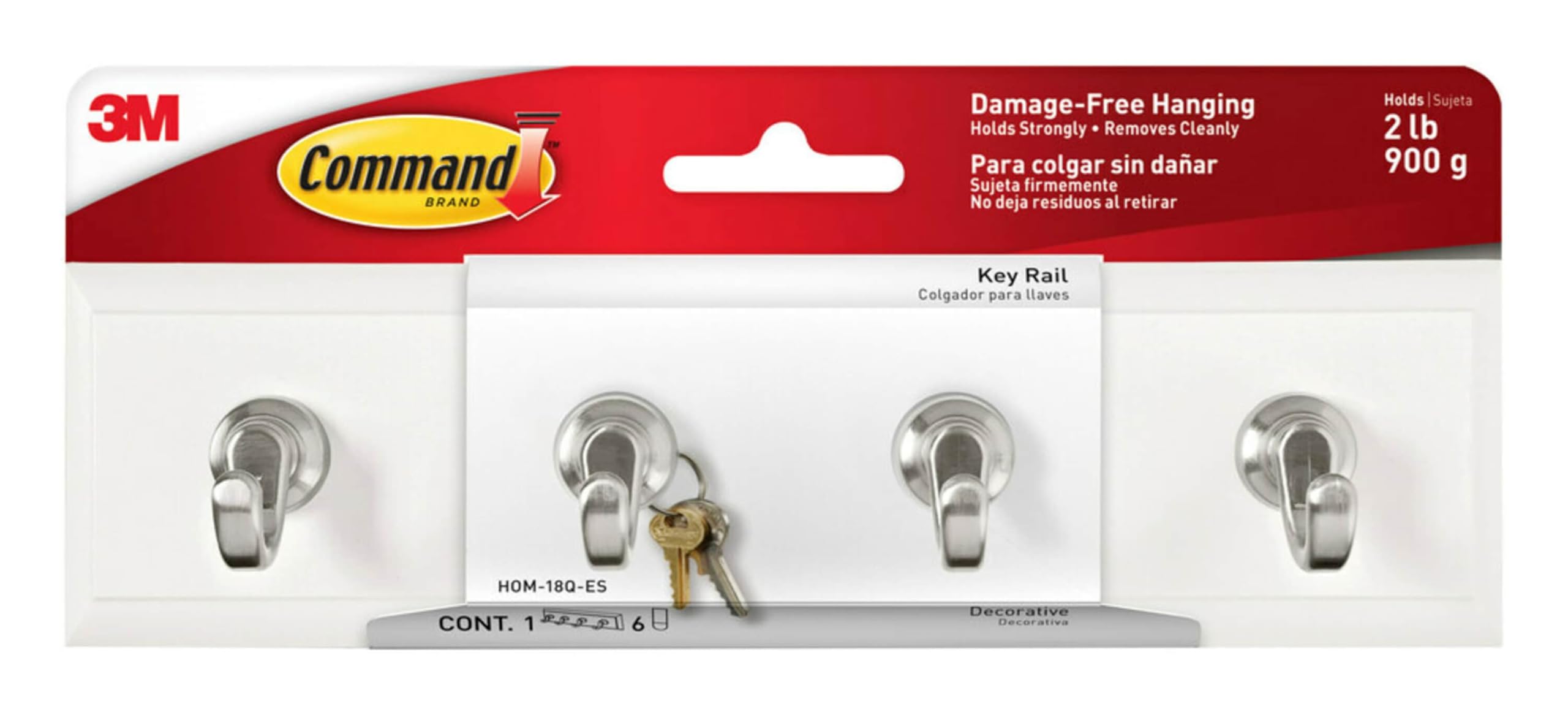 Command Key Rail, Holds up to 2 lb, 8-inch Rail with 4 Key Hooks and 6 Command Strips, Quartz, Removable Key Hooks for Entryway or Hallway, Hang Keys, Hats, Dog Leashes, and Accessories