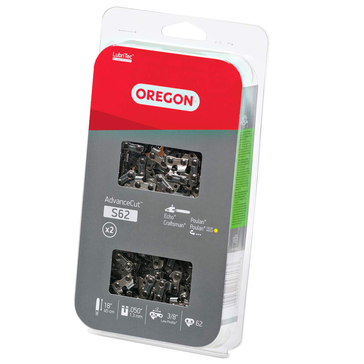 Oregon S62T AdvanceCut Chainsaw Chains 2-Pack, for 18-Inch Bar, 62 Drive Links, 2x Replacement Chainsaw Blades, .050 Inch Gauge, 3/8 Inch Pitch, Fits Craftsman, Atlas, Homelite, Ryobi, Ego & More
