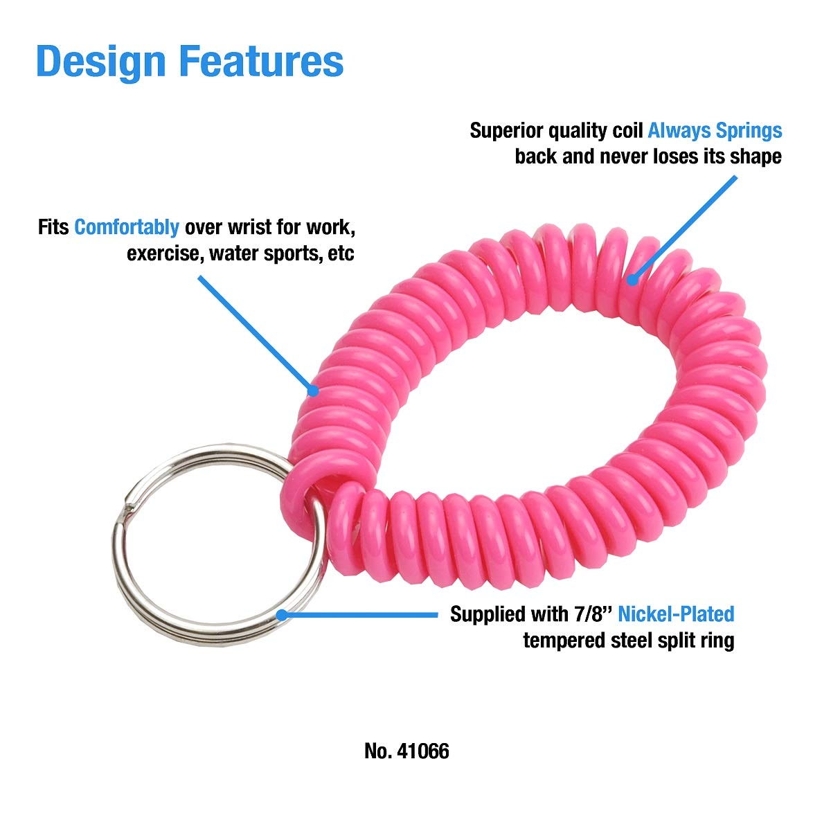 Lucky Line 2” Diameter Spiral Wrist Coil with Steel Key Ring, Flexible Wrist Band Key Chain Bracelet, Stretches to 12”,unisex,adult Pink, 1 PK (410661)