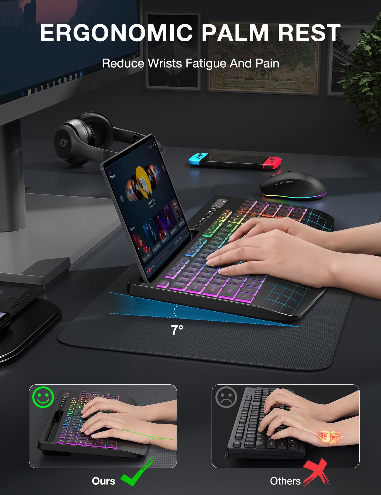 Wireless Keyboard and Mouse Combo - 9 Backlit Effects, RGB, Ergonomic Wrist Rest, Phone Holder, 2.4G Full Size, Rechargeable, Sleep Mode, Quiet Keyboard Set for Computer, PC, Laptop, Mac, Windows