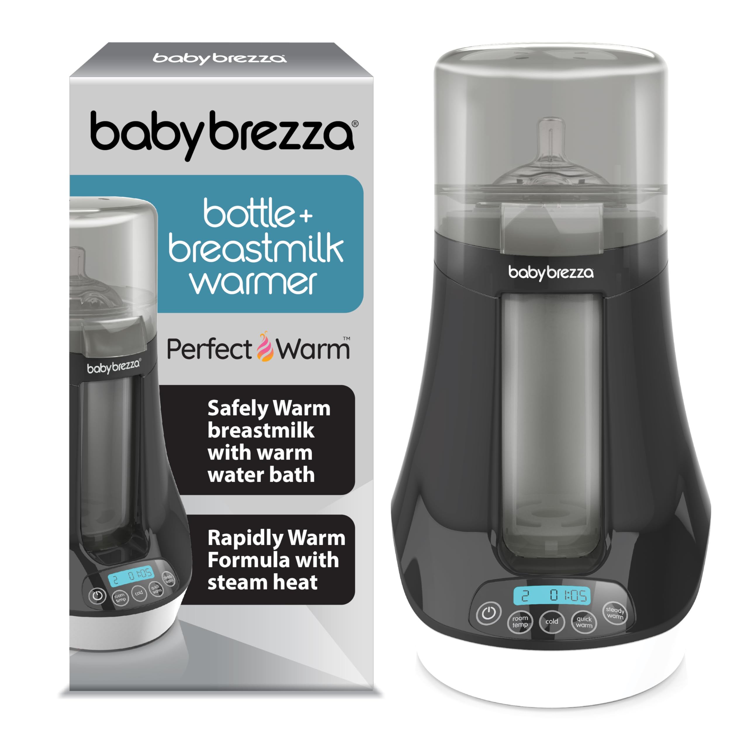 Baby Brezza Fast Baby Bottle Warmer - Baby Milk Warmer + Breastmilk Warmer Defroster - 2 Unique Temperatures for Breastmilk + Formula - Universal Fit for All Bottles, Storage Bags + Food Jars