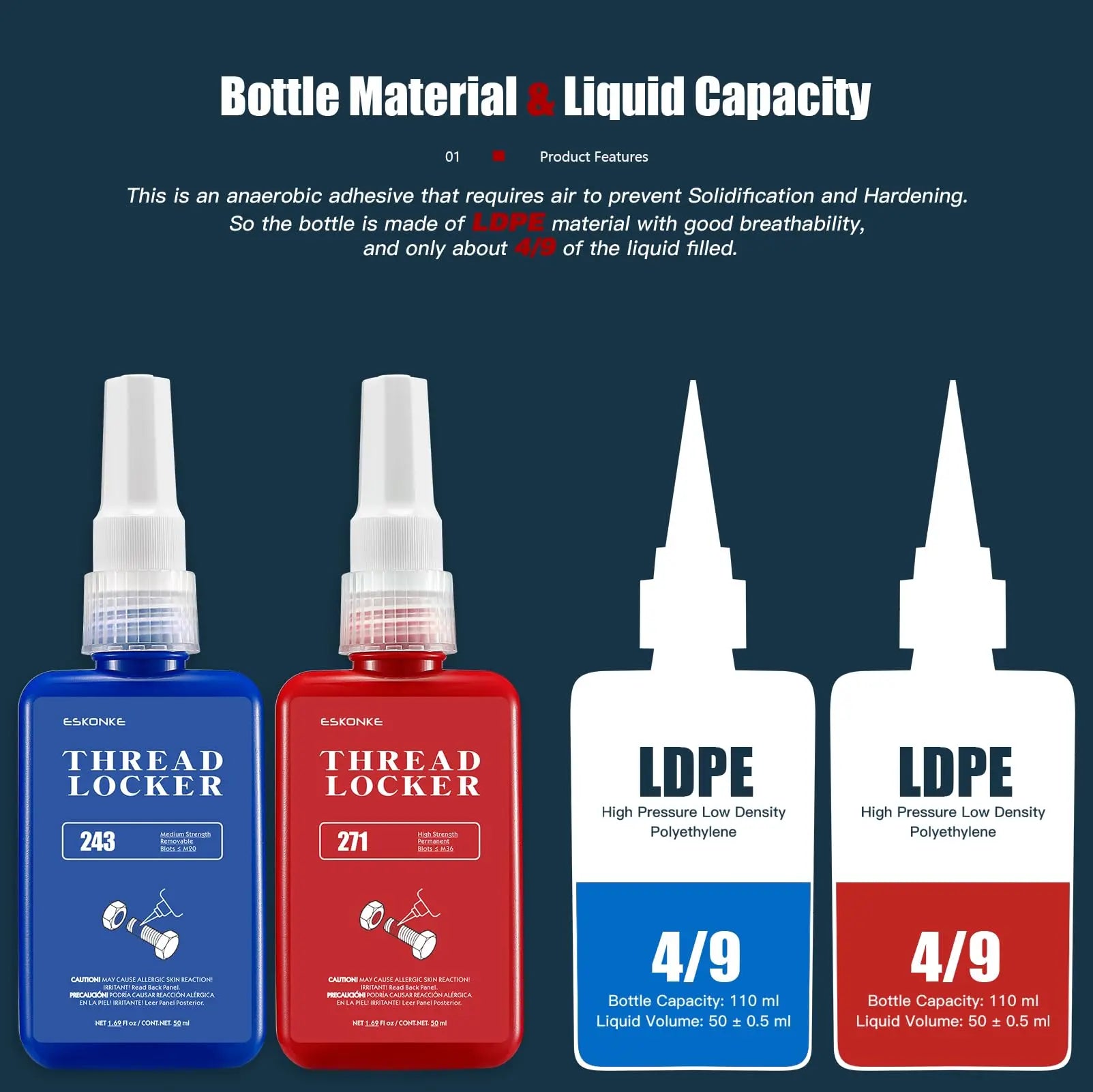 2 Pack Thread Locker - Blue 243 (Medium) & Red 271 (High) - Metal Screw Locking Sealant for Bolts/Nuts/Fasteners - Prevents Loosening/Corrosion