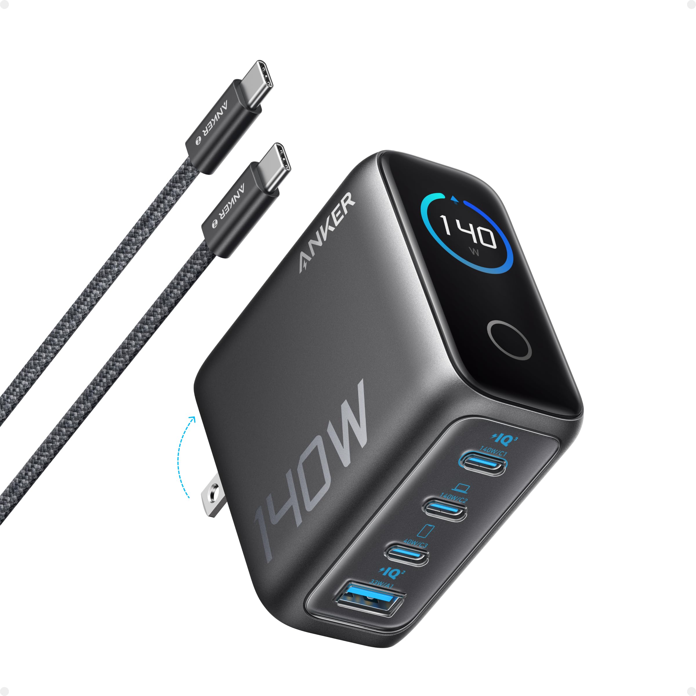 Anker Laptop Charger, 140W MAX USB C Charger, 4-Port Multi-Device Fast Charging, Advanced GaN Power Adapter, Intuitive Touch Controls, for MacBook, iPhone 16 Series, Samsung Galaxy, Pixel, and More
