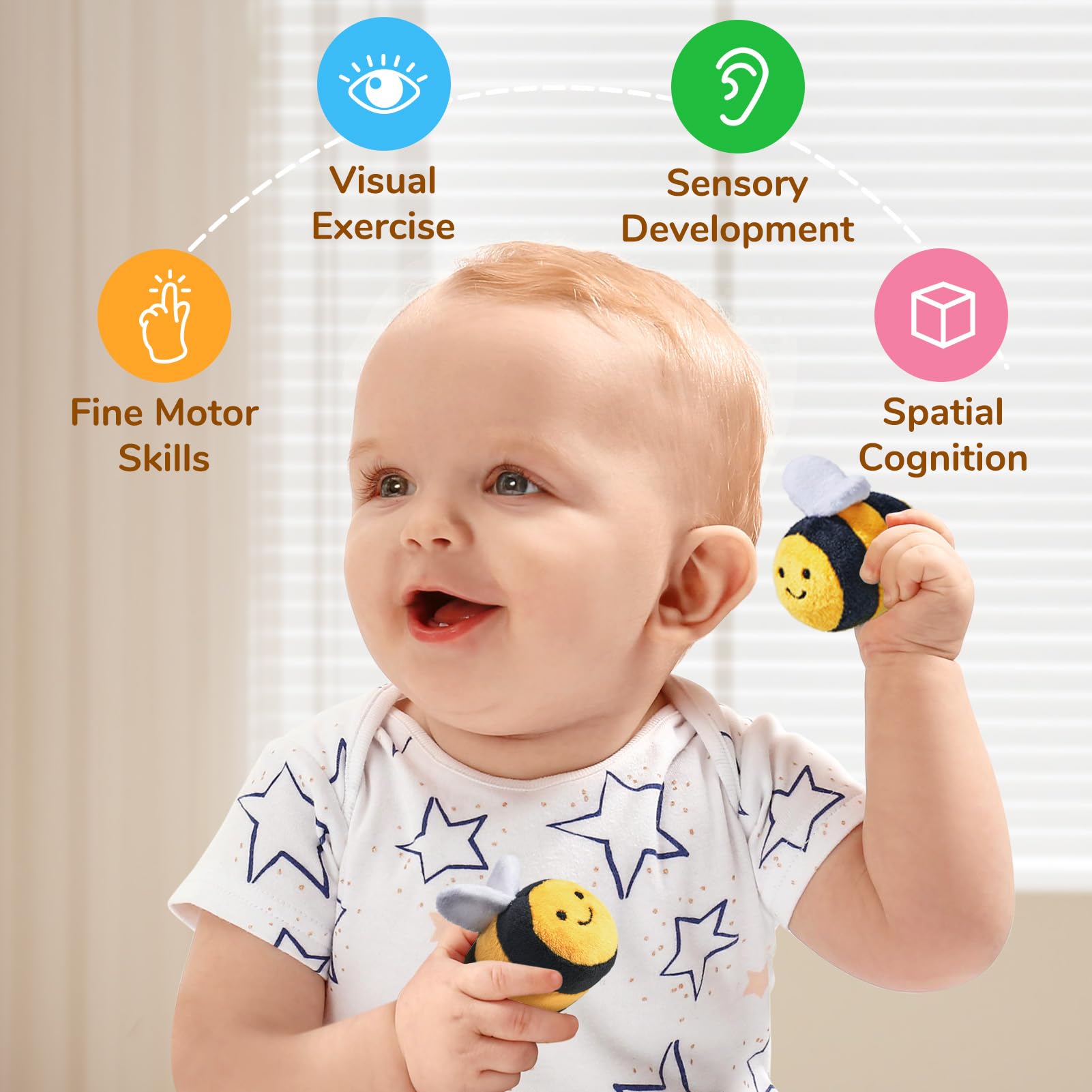 JoyCat Baby Toys 6-12 Months - Soft Baby Beehive with 5 Sensory Bees - Rattle, Crinkle Paper, Squeaker, Mirror, Busy Montessori Soft Toys for Toddlers 0-3 Years Old - Bee Plush Boy Girl Birthday Gift
