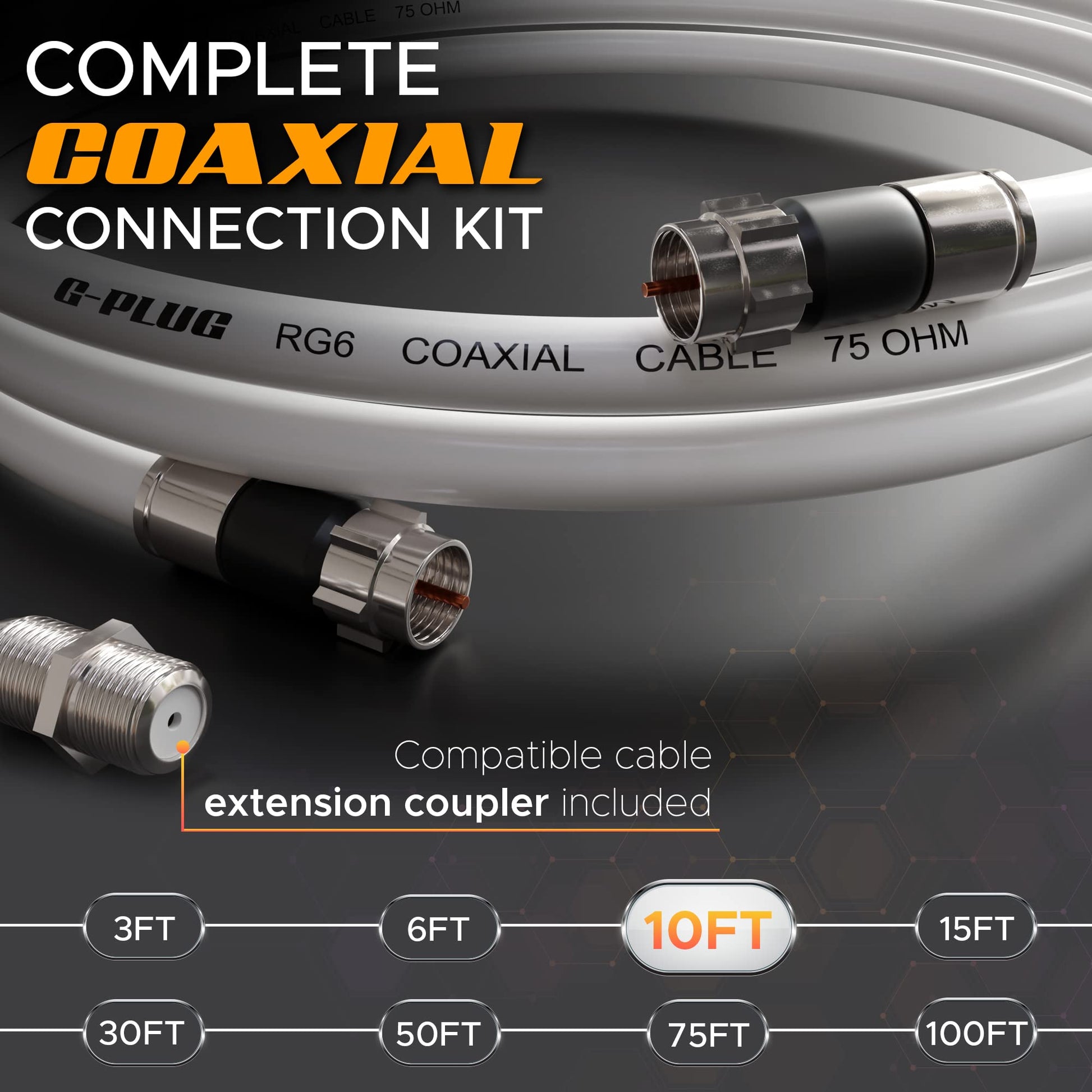 G-PLUG 10FT RG6 Coaxial Cable Connectors Set - High-Speed Internet, Broadband and Digital TV Aerial, Satellite Sky Cable Extension- Weather-Sealed Double Rubber O-Ring and Compression Connectors White