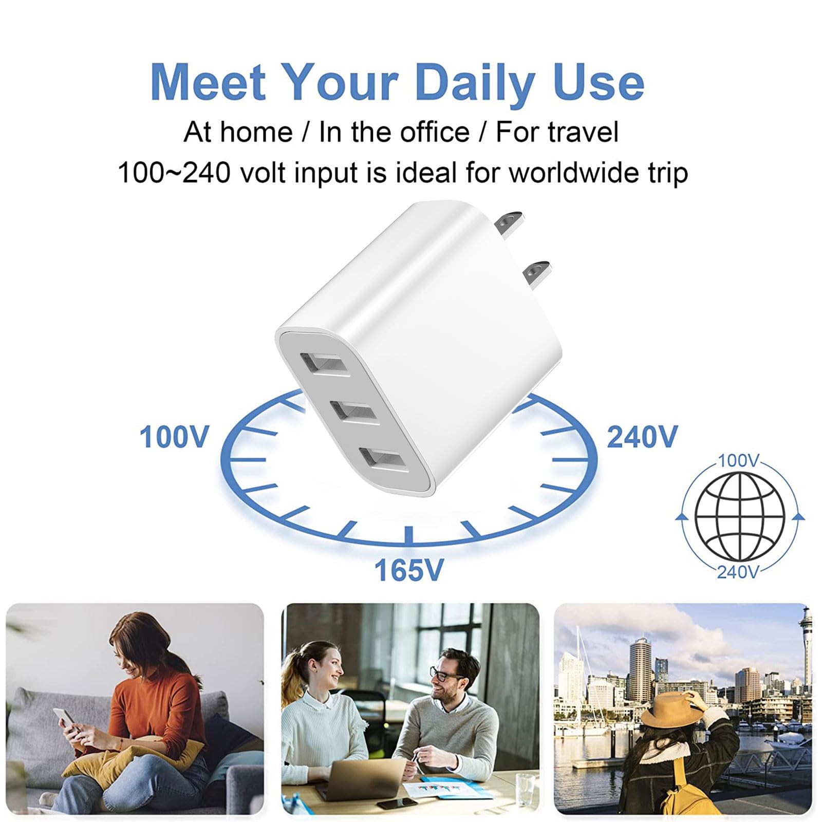 XIANGHONGYIAN 3-Port USB Wall Charger, 3 Pack Compatible with iPhone 14/13/12/11 Pro Max, Mini, SE, XR, XS MAX, XS, X, 8 Plus, iPad Pro, Air, Mini, Samsung Galaxy S5 S6 S7 Edge, LG, Android and More