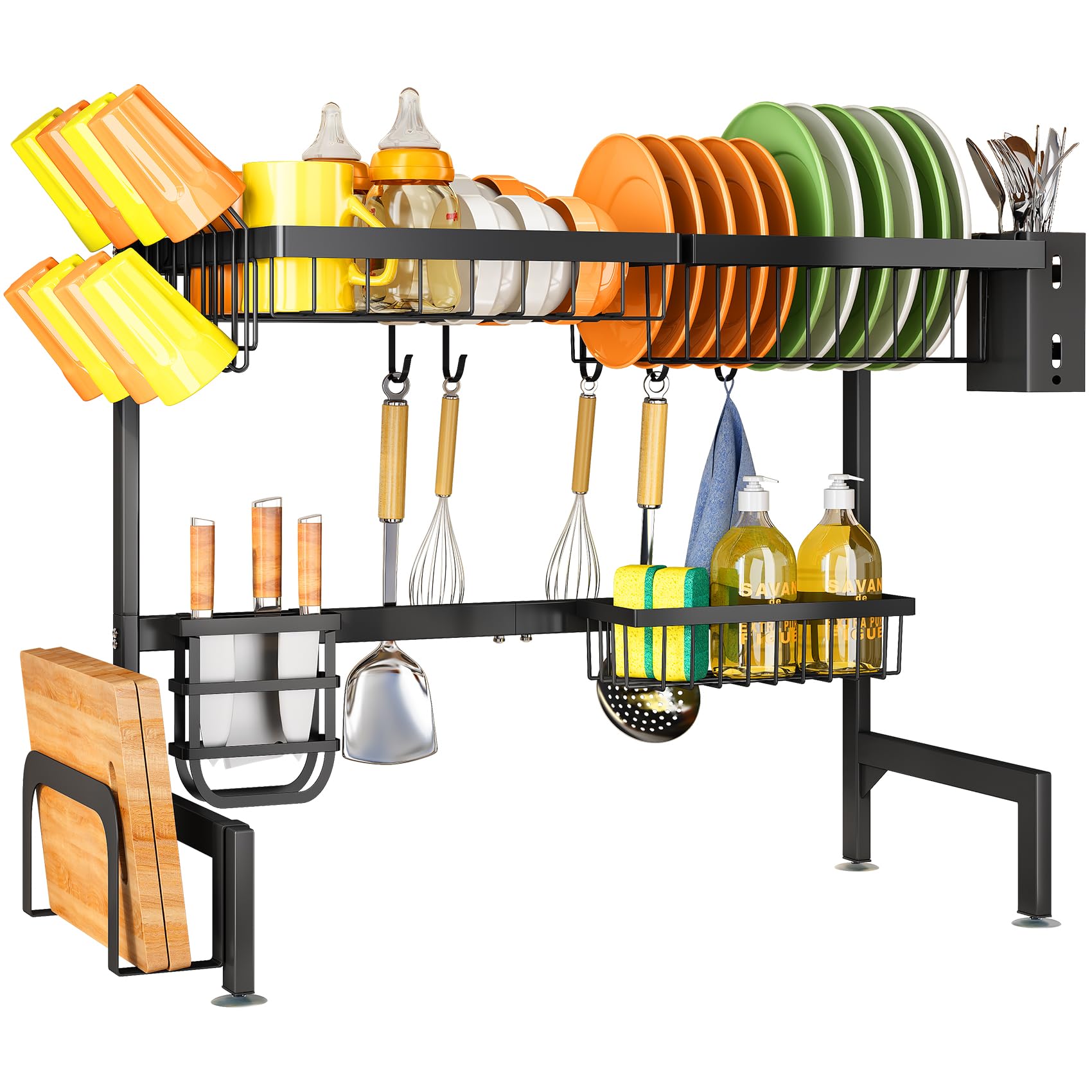 Over The Sink Dish Drying Rack - Adjustable Dish Rack for Kitchen Counter, Metal (Black)