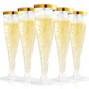 FOCUSLINE 100 Pack Plastic Champagne Flutes, 4.5 Oz Gold Rim Plastic Champagne Glasses, Disposable Clear Toasting Glasses Recyclable Champagne Cups for Wedding Party