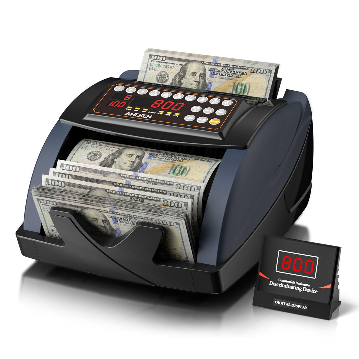 Aneken Money Counter with Value Count, UV/MG/IR Counterfeit Bill Detection for Dollars Euros with Count/Add/Batch/Auto Modes, Cash Counter with External LCD Display