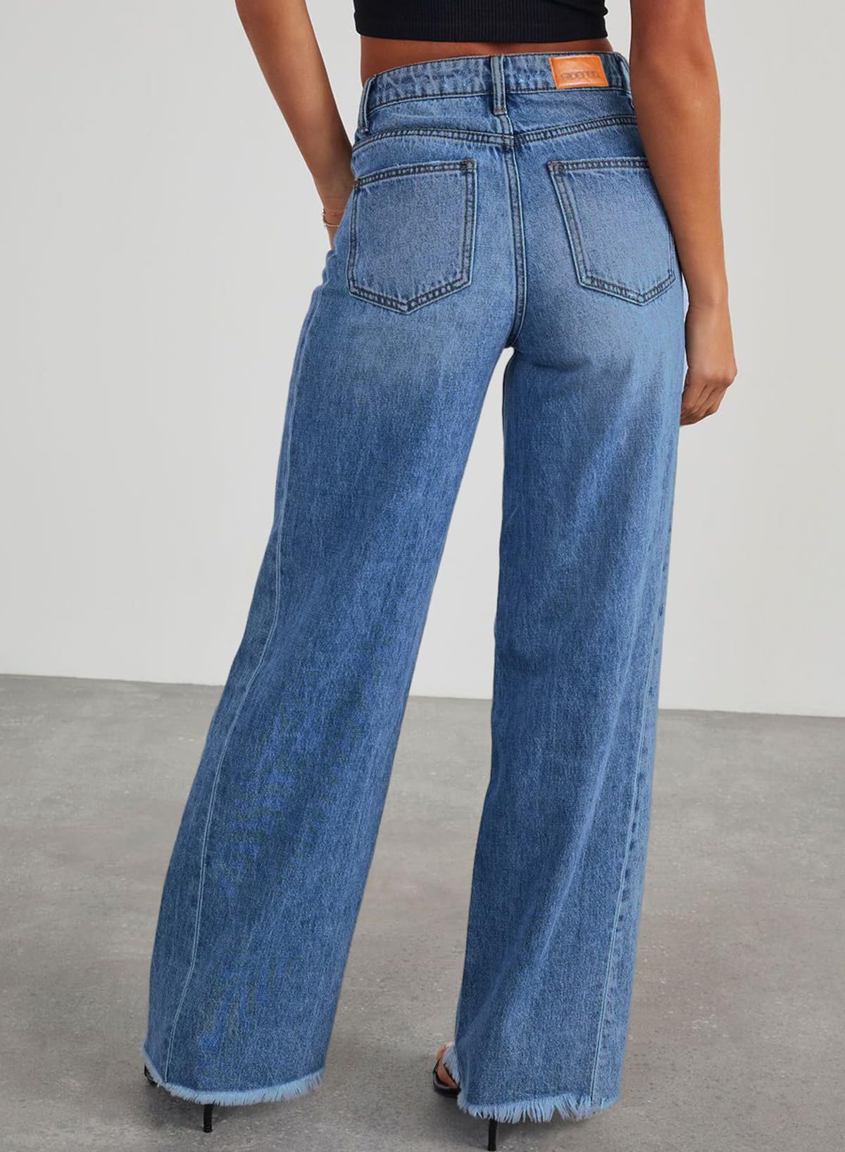 Sidefeel Women's Wide Leg Jeans High Waisted Stretchy Raw Hem Denim Pants Size 10 Blue