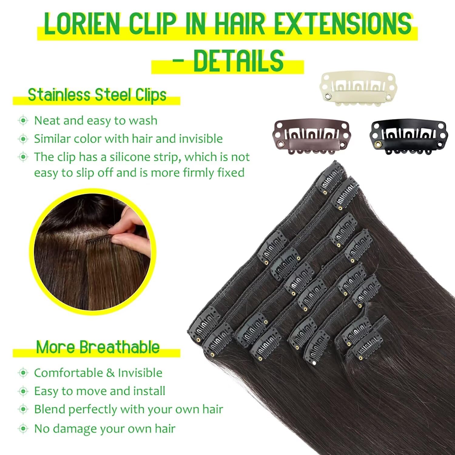 LORIEN Clip in Hair Extensions Real Human Hair, 18 Inch 100g/3.6oz, 1B Natural Black, Clip in 100% Brazilian Remy Human Hair Extensions 8pcs Per Set with 18 Clips Double Weft