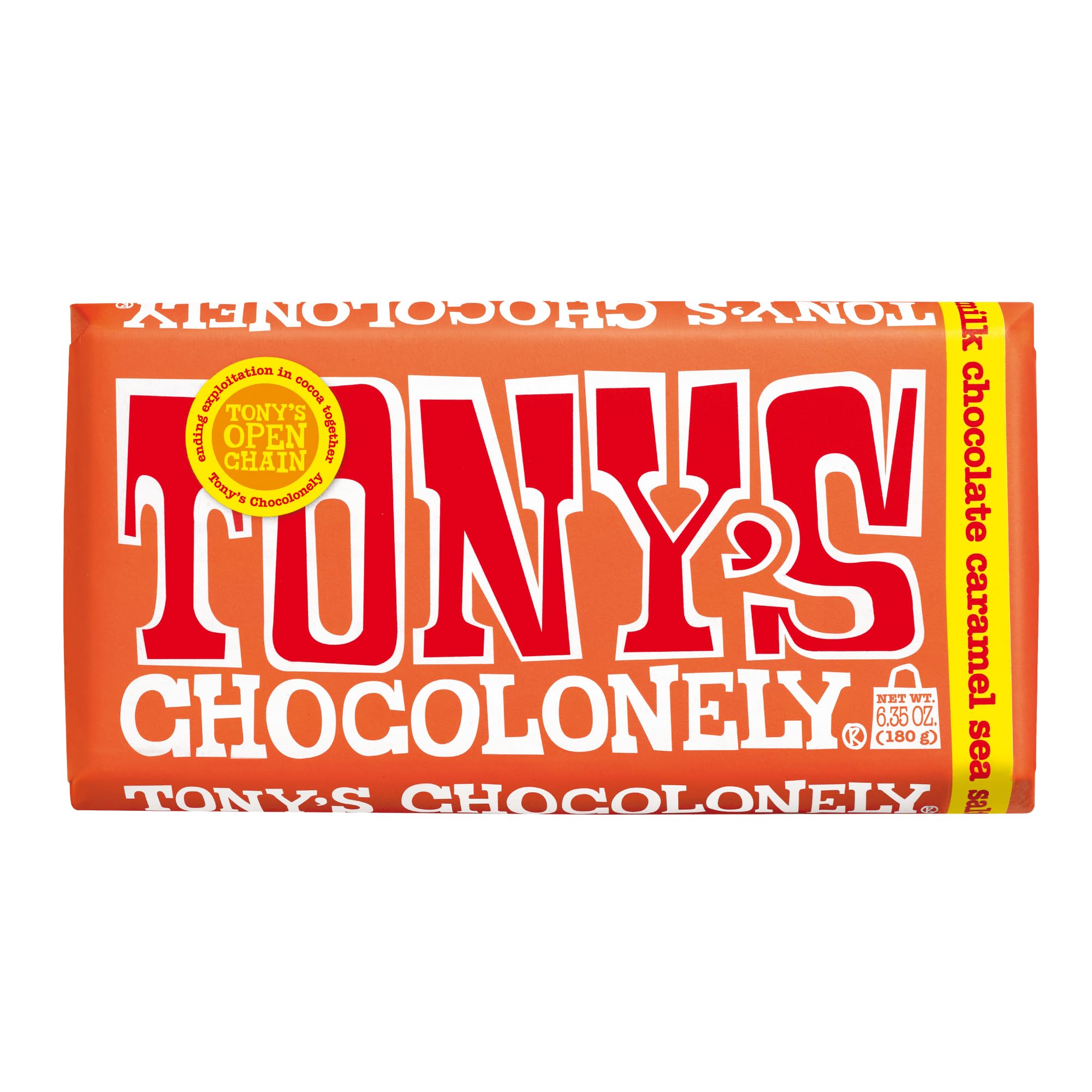 Tony's Chocolonely Belgian Milk Chocolate Candy Bar With Caramel & Sea Salt for Snacks, Chocolate Bar for Party Favors, Gifts, or Gift Basket, 32% Cacao, Made From Quality Fairtrade Cocoa, 6.35 Oz