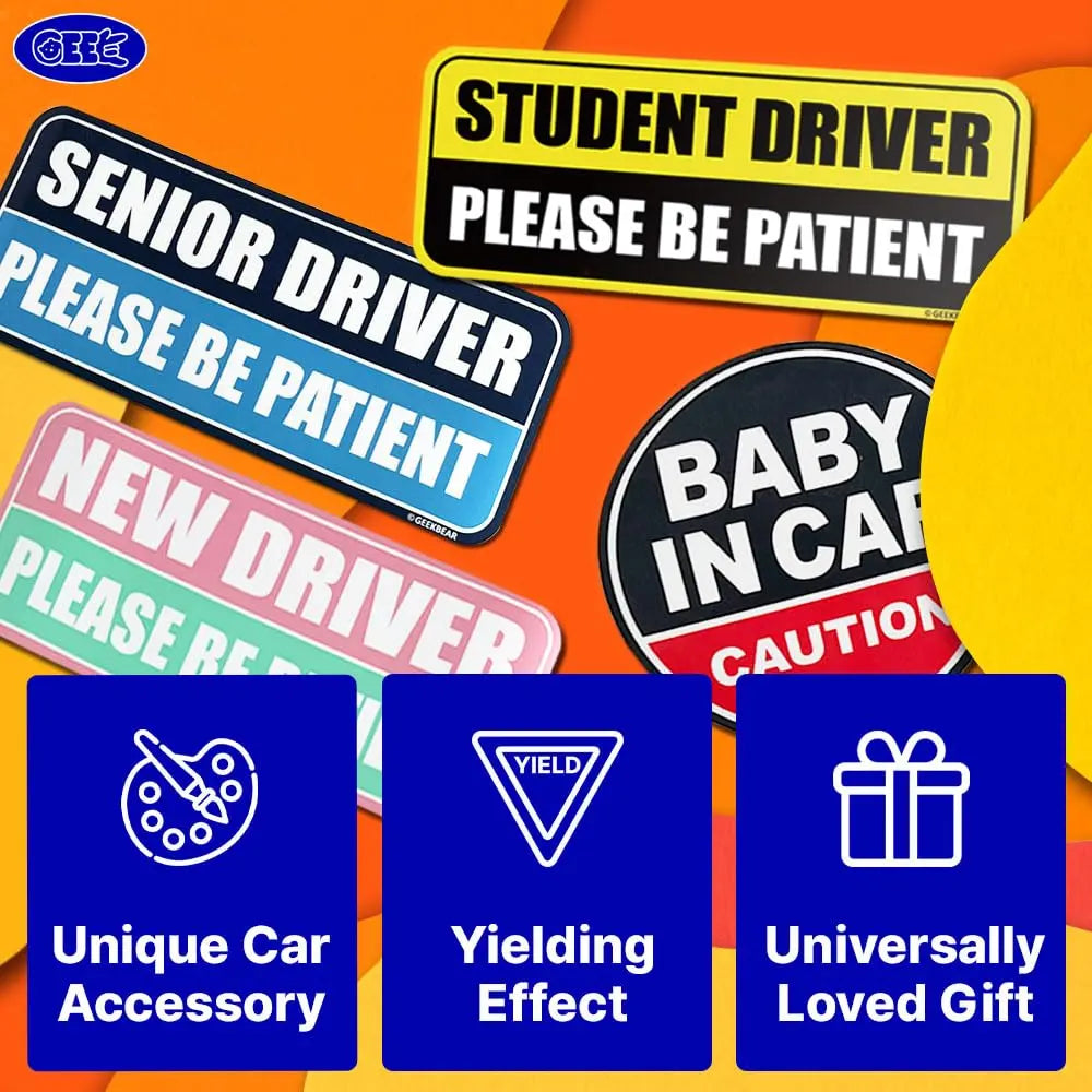 GEEKBEAR Student Driver Car Magnet - Colorful, Reflective, Weather-Resistant - Rectangular 8.7 x 3.5 in (Yellow/Black, 3 Pack)