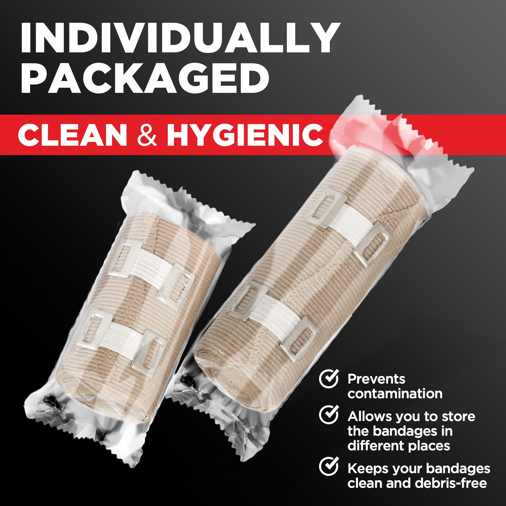 Premium Elastic Bandage Wrap - 4pk (2x3in, 2x4in) + 12 Extra Clips - Strong Compression Bandage Wrap for Wrists, Ankles, Feet and Knees