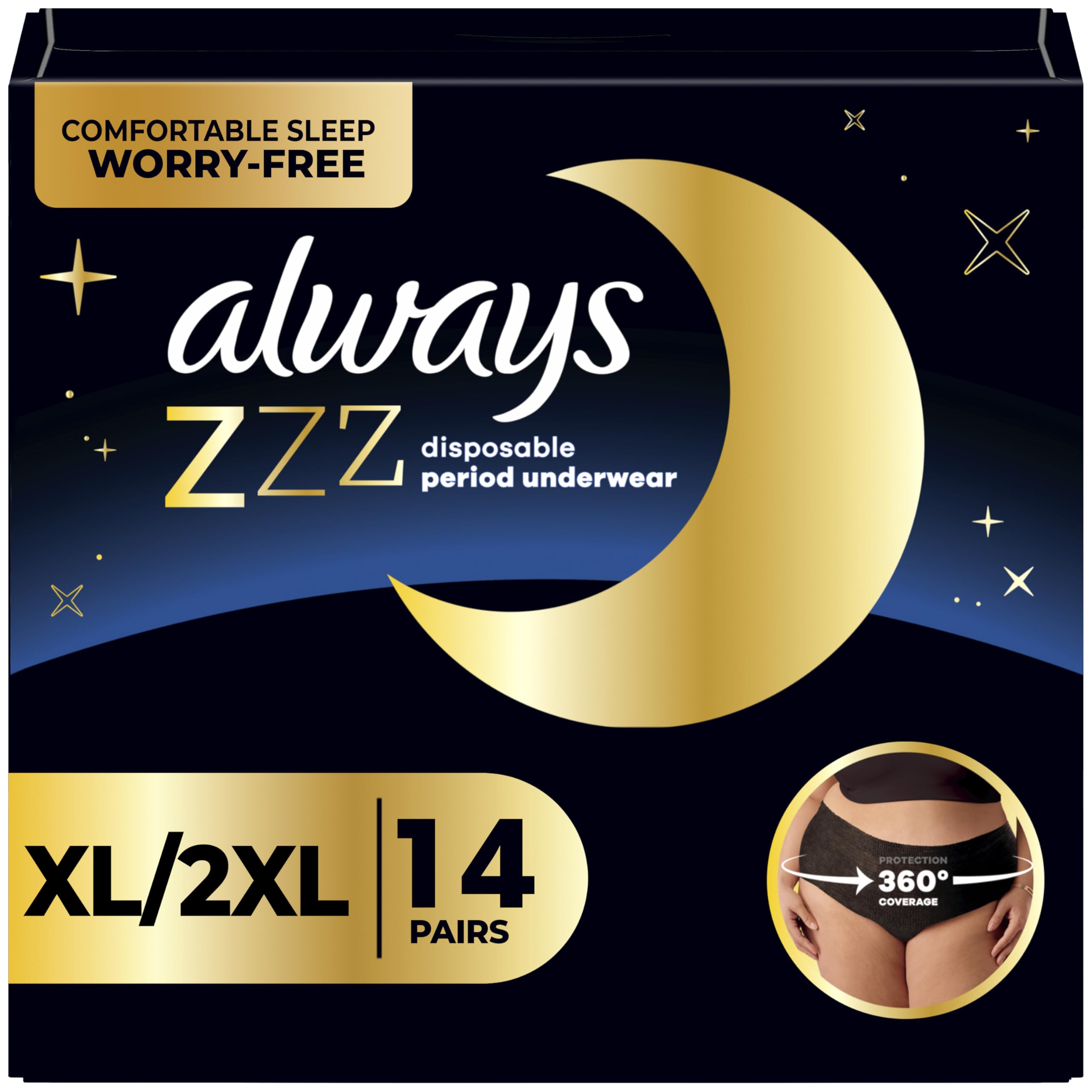 Always ZZZ Overnight Disposable Period Underwear for Women Extra Large, 360 degrees Coverage for Worry-Free Nights, 14 Count (2 Packs of 7)