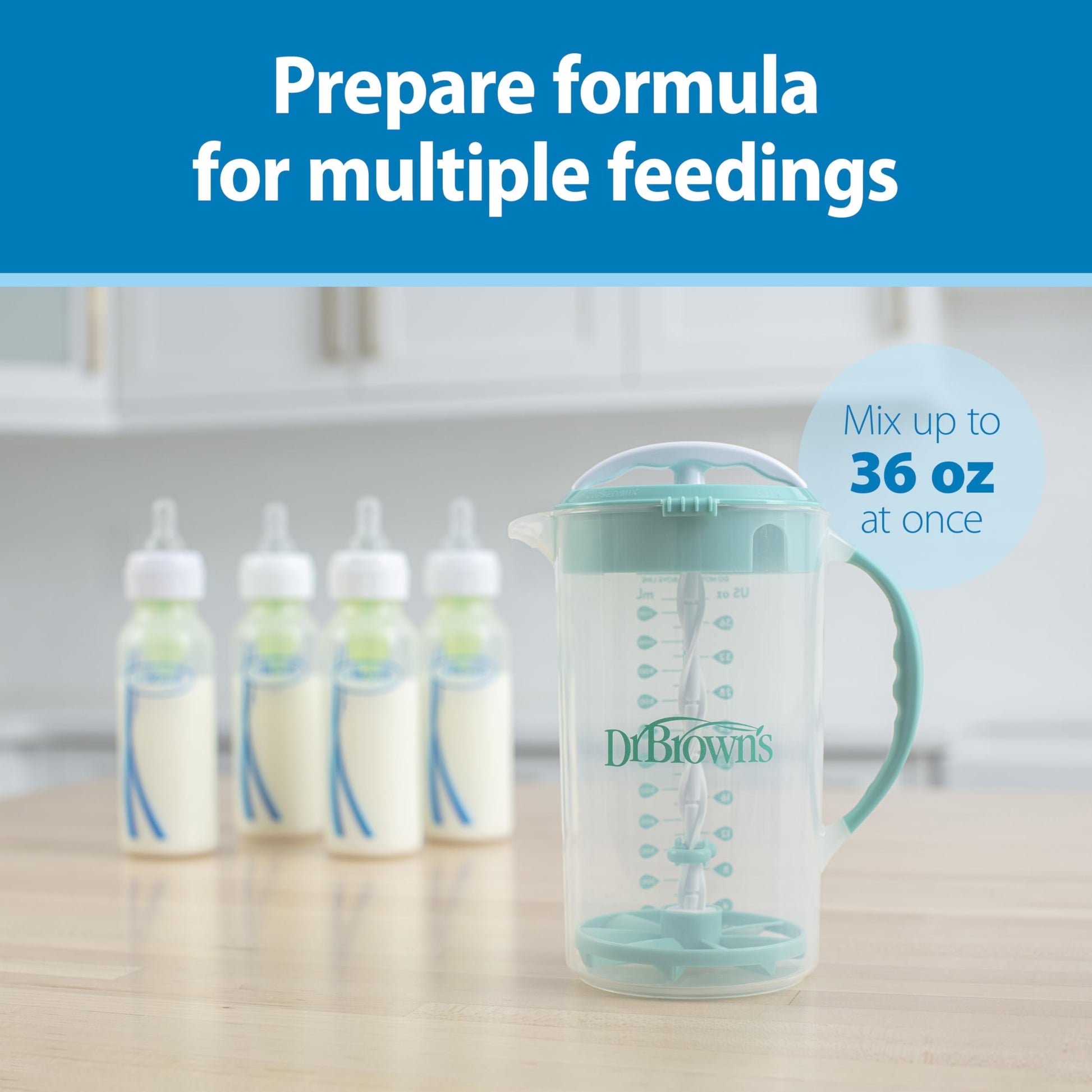 Dr. Brown's Baby Formula Mixing Pitcher with Adjustable Stopper, Locking Lid & No Drip Spout, Black, BPA Free, 36oz, 1 Pack