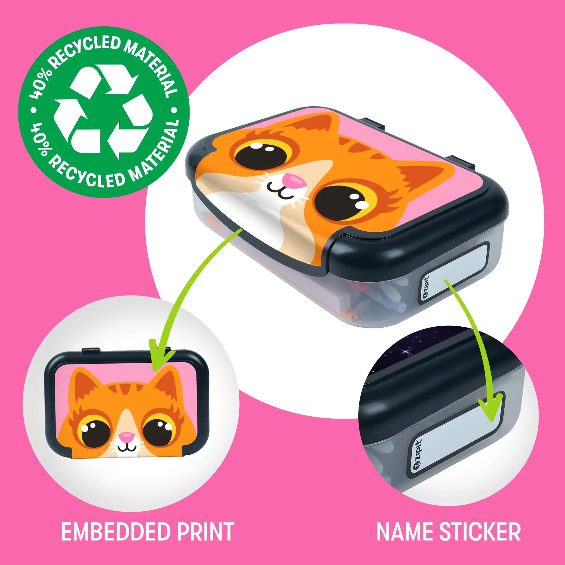 ZIPIT Recycled Plastic Pencil Box for Girls, Large Capacity Pencil Case for School, Durable Stationery Organizer Box, Kitty