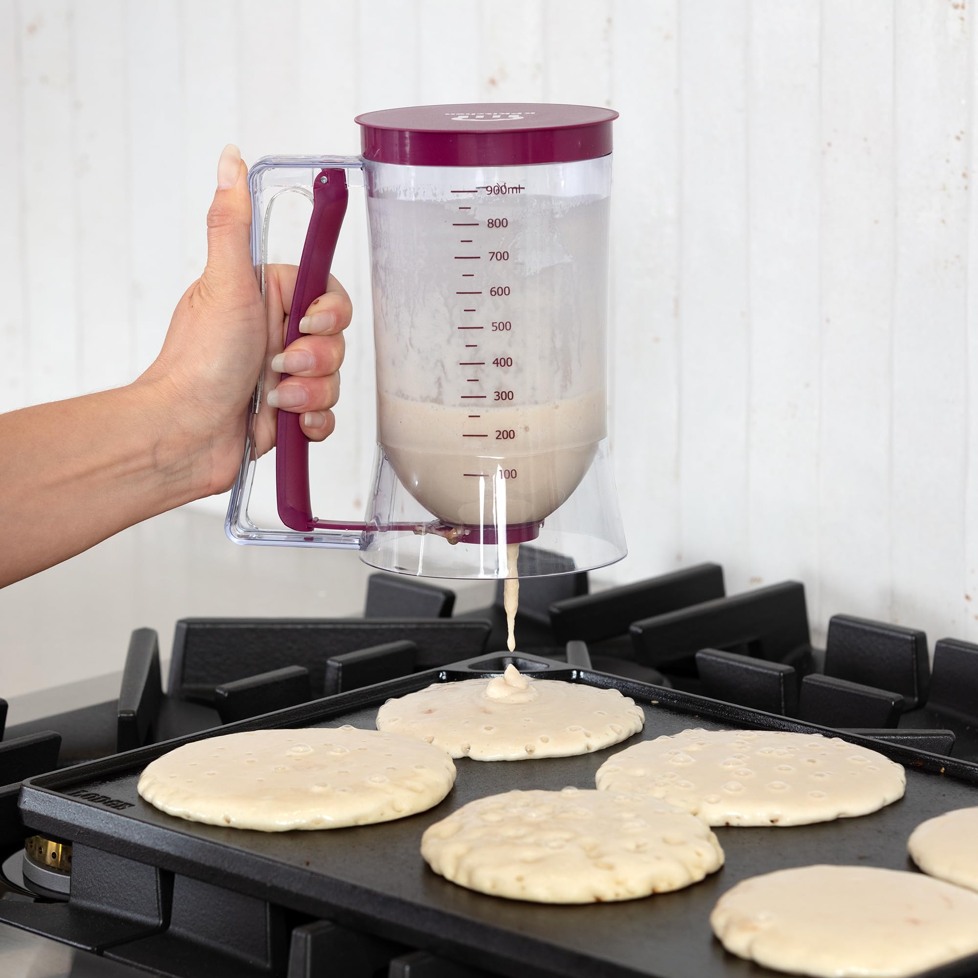 Pancake Batter Dispenser - Kitchen Must Have Tool for Perfect Pancakes, Cupcake, Waffle, Muffin Mix, Cake & Crepe - Easy Pour Baking Supplies for Griddle - Pancake Maker with Measuring Label (Purple)