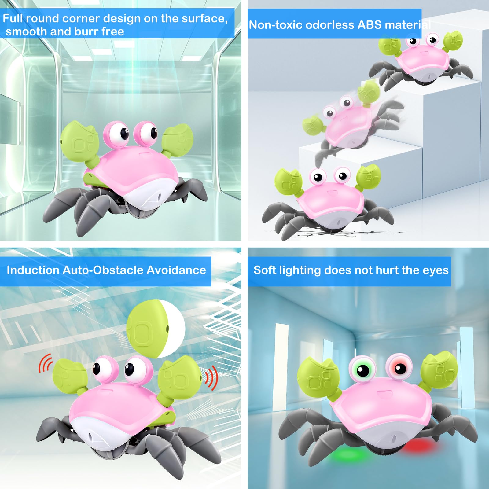 Plnmlls Crawling Crab Baby Toy - Tummy Time Toys - with Music and LED Light,Built-in Rechargeable Battery and Volume Can be Turned Off for 0-6 6-12 12-18 36 Months Walking Toddler Birthday Gift(Pink)