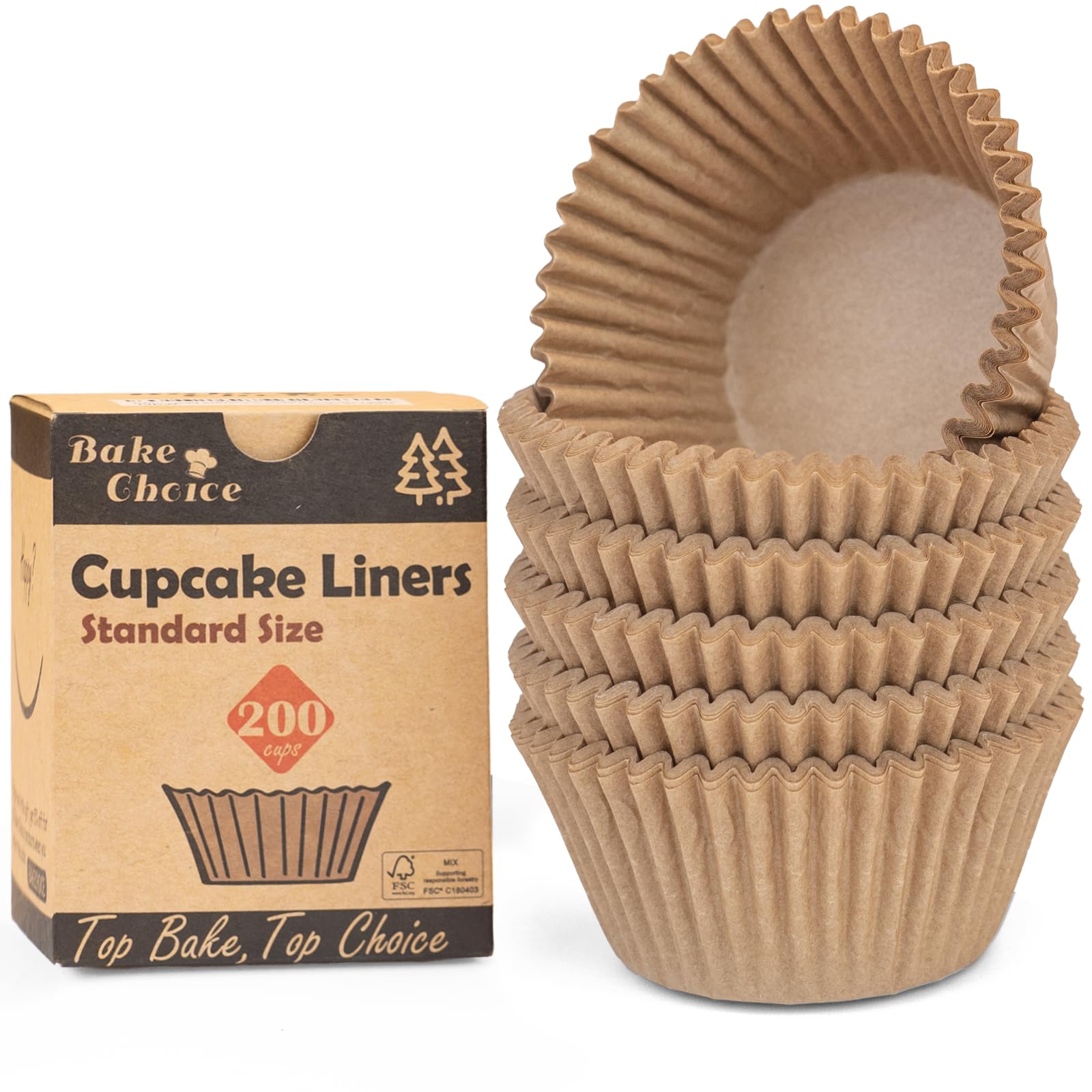 Bake Choice Non-stick 200pcs Standard Cupcake Liners for Baking, Natural, Food-grade Cupcake Wrapper, Greaseproof Parchment Muffin Liners