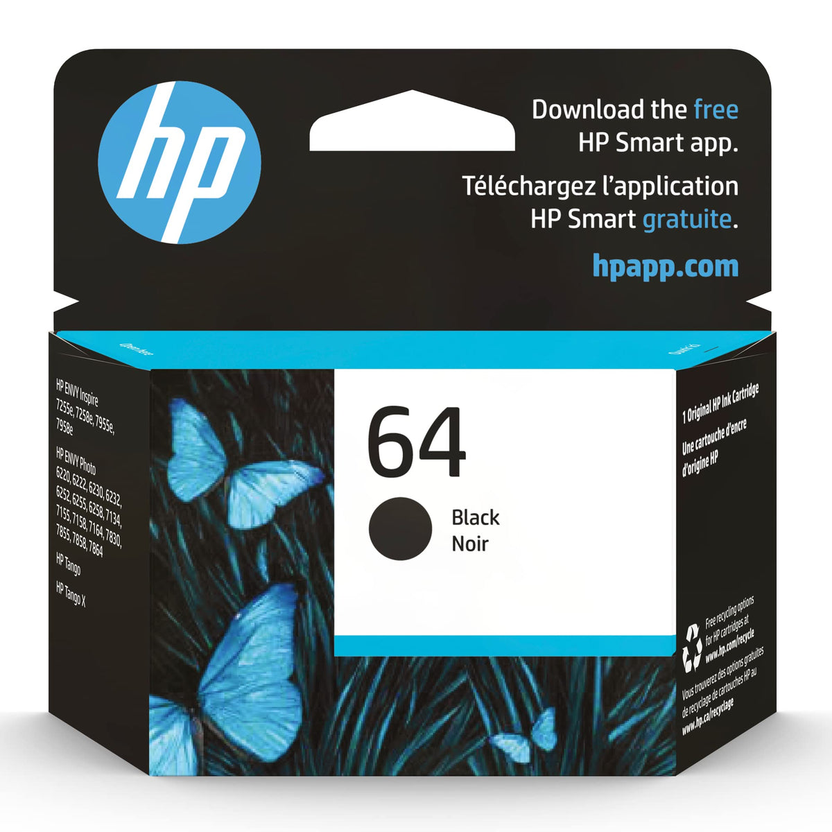 HP 64 Schwarze Tintenpatrone für HP Drucker | Kompatibel mit folgenden Druckerserien: ENVY Inspire 7950e; ENVY Photo 6200, 7100, 7800; Tango | Für Instant Ink geeignet | N9J90AN