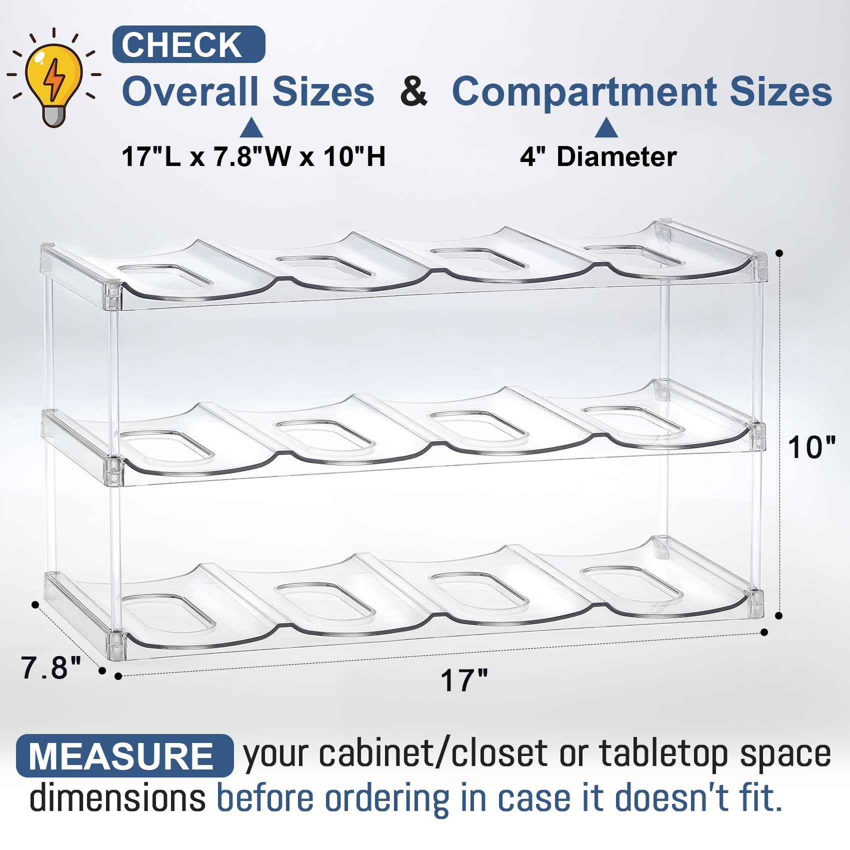 LARGER Compartment - 3 Tier Stackable Water Bottle Organizer Holder - for Stanley 40oz & Others' Large Tumbler - Clear Wine Rack, 12 Cup Bottle Holder for Cabinet Home Countertop Fridge Pantry Shelf