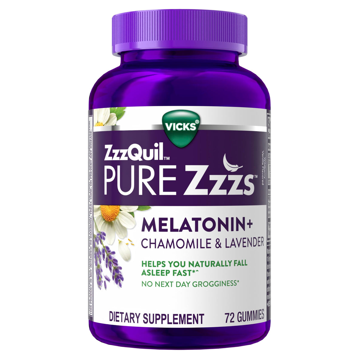 ZzzQuil PURE Zzzs قطع ميلاتونين صمغية، مساعد للنوم، 2 ملجم ميلاتونين، بالبابونج واللافندر، قطع صمغية ميلاتونين للنوم، مساعدات نوم للبالغين، بنكهة التوت البري والفانيليا، 72 قطعة صمغية للنوم