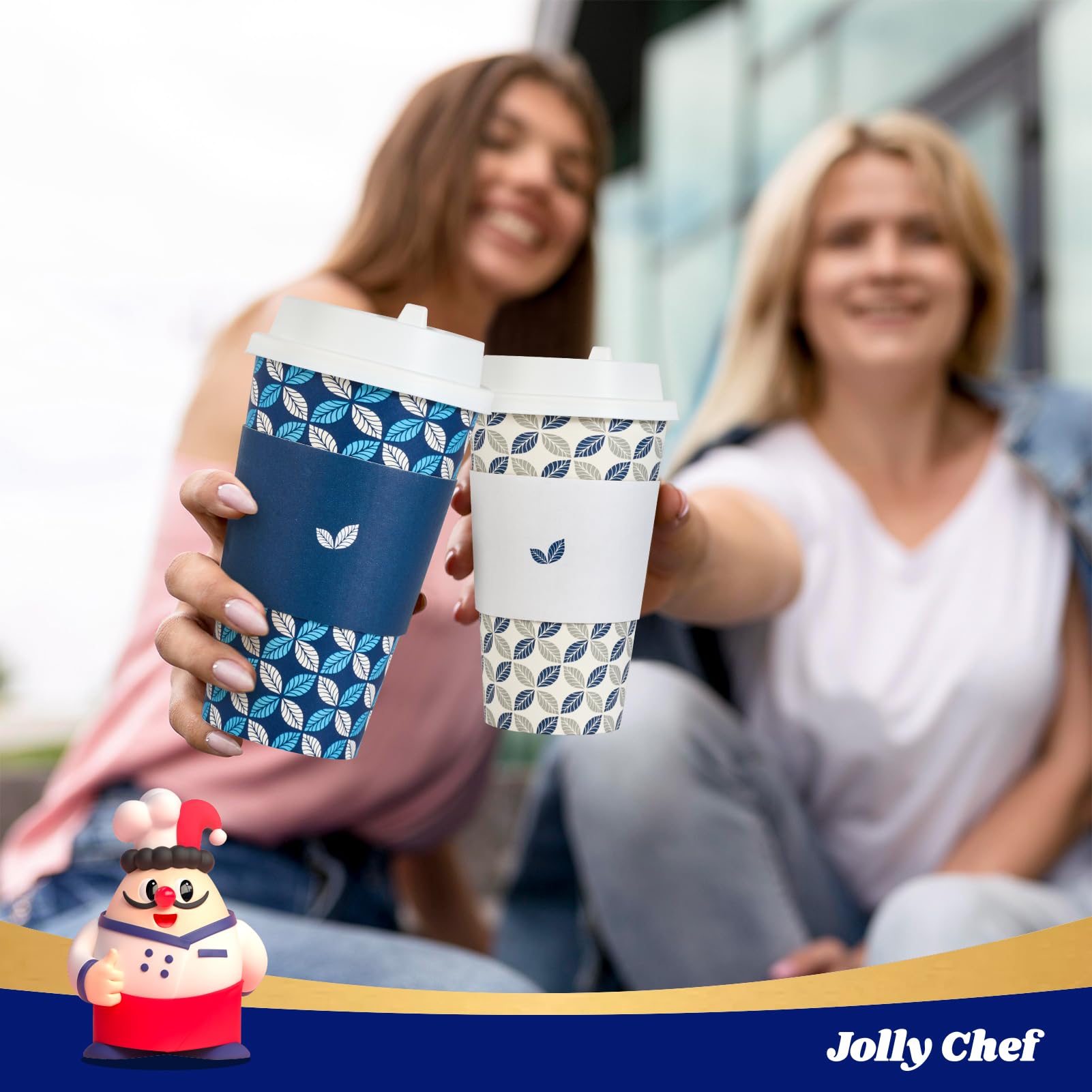 JOLLY CHEF 16 oz Coffee Cups with Lids 100 Pack, Disposable Hot Paper Coffee Cups with Lids, Sleeves and Stirrers (Blue Leaf and Grey Leaf)