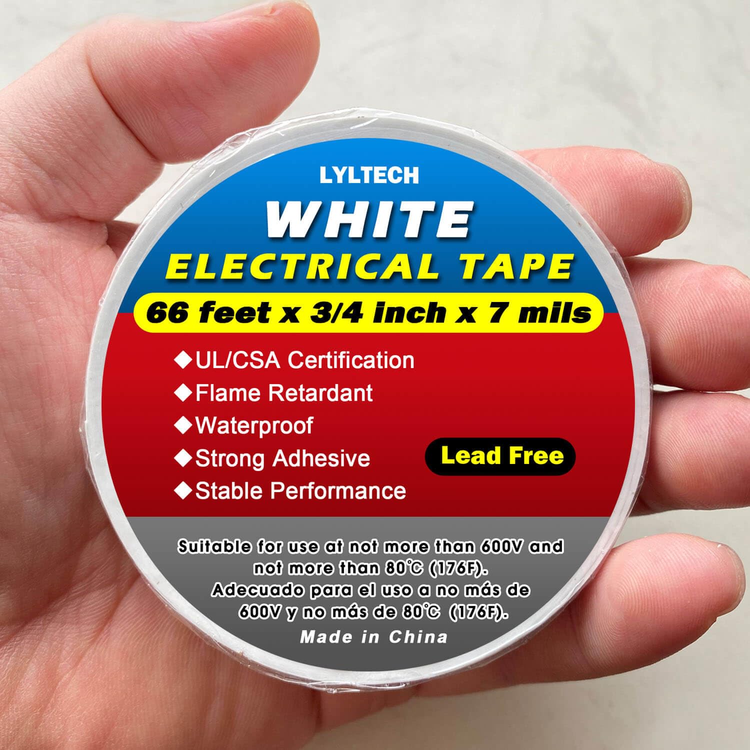 LYLTECH White Electrical Tape, 66 feet x 3/4 inch x 7 mils-600V,Pass UL/CSA Certification. Waterproof,Flame Retardant,Strong Adhesive, 14℉ to 176℉(White)