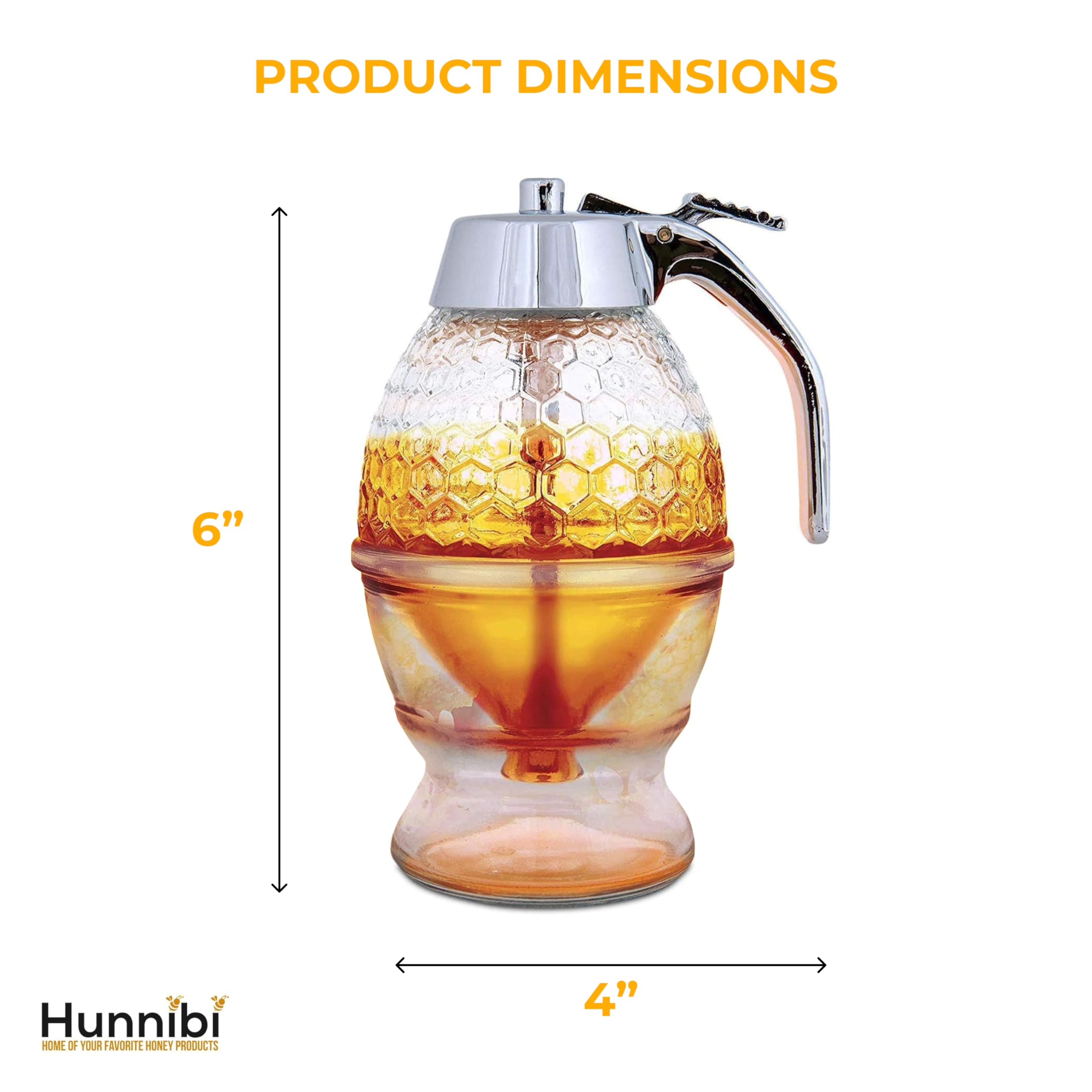 Hunnibi 8oz No Drip Glass Honey Dispenser with Plastic Top - Honeycomb-Style Syrup Server and Bee-Themed Storage Jar with Stand - 6" Clear Container for Honey, Maple Syrup