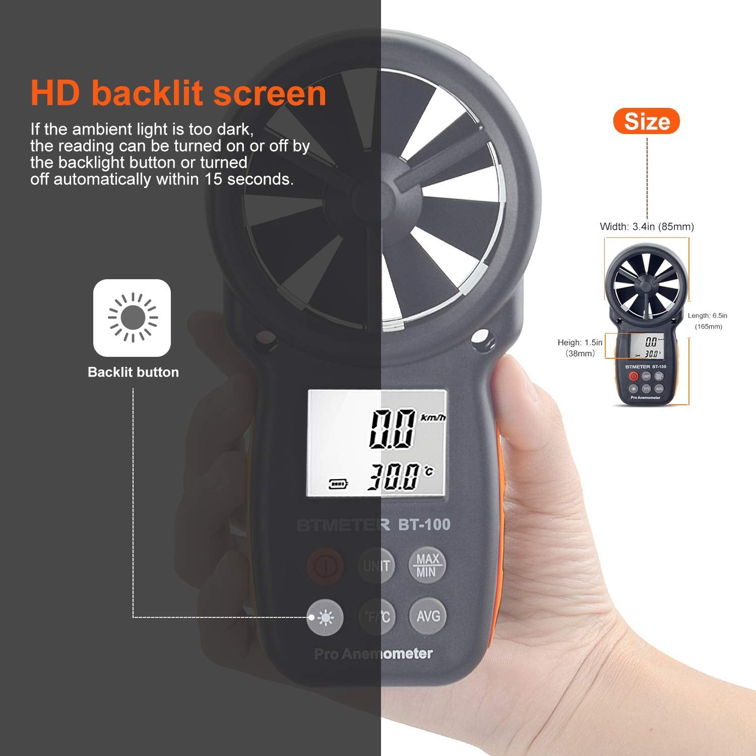 BTMETER BT-100 Handheld Anemometer, Digital Wind Speed CFM Meter Gauge Air Flow Velocity Tester for HVAC Shooting Drone, Wind Chill, 14℉-113℉ Wind Temperature
