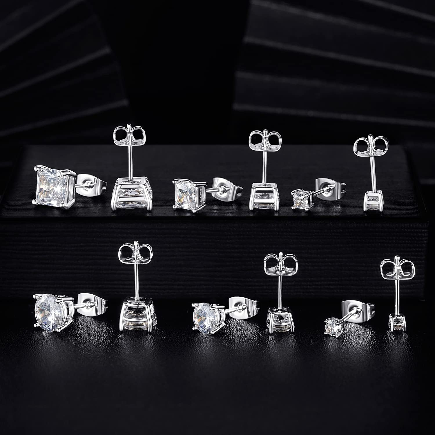 6 Pairs Earrings Set for Men 316L Stainless Steel 3/5/7mm CZ Round and Princess Square Ear Piercing Studs Hypoallergenic Jewelry (white)