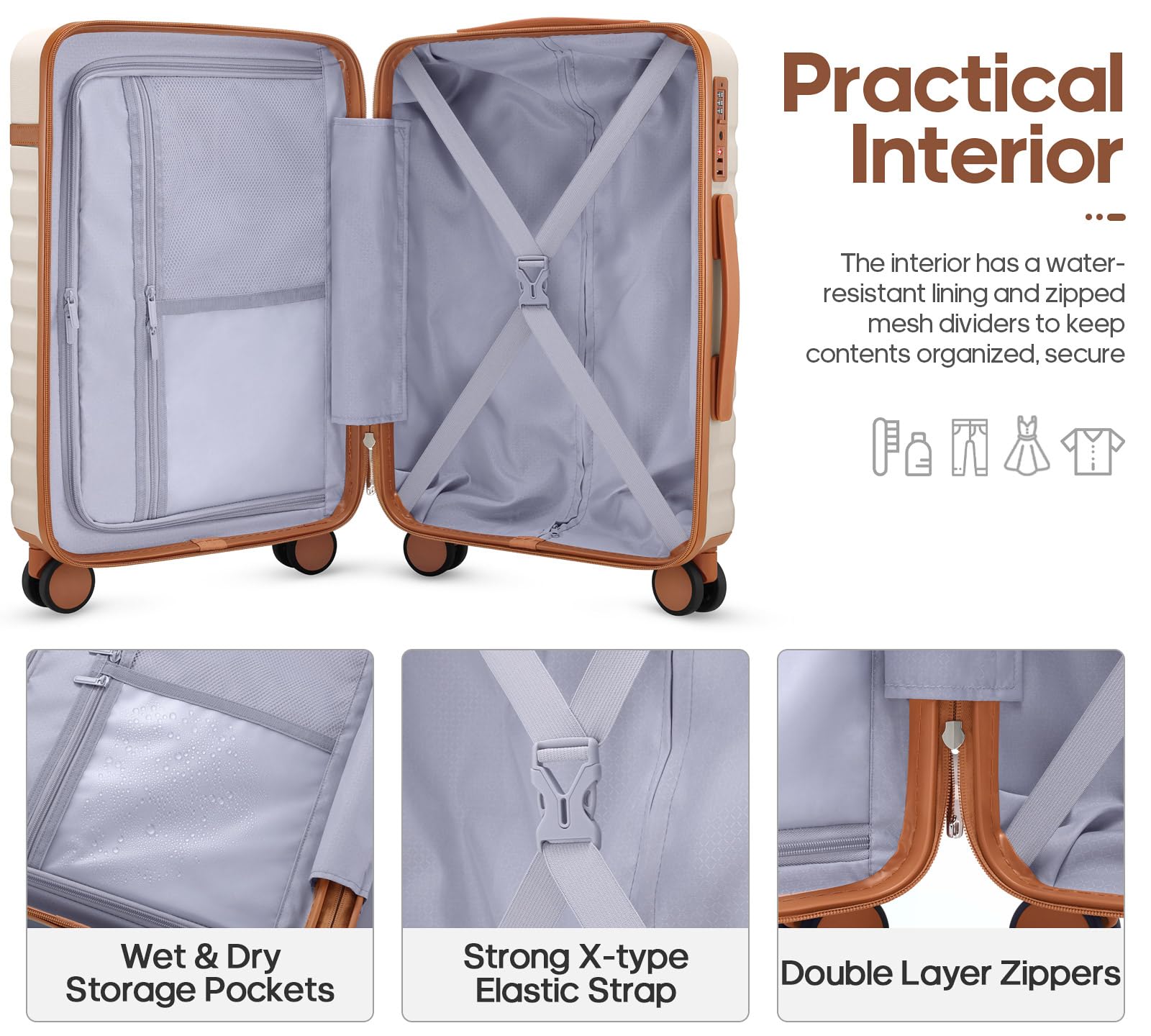 UKEIN Luggage Sets 3 Piece, Carry On Luggage 20In With Spinner Wheels,PC Hardside Suitcase Set with TSA Lock,Durable Carry On Suitcase With Travel Backpack for Men (Beige, 3 piece set (20inch))