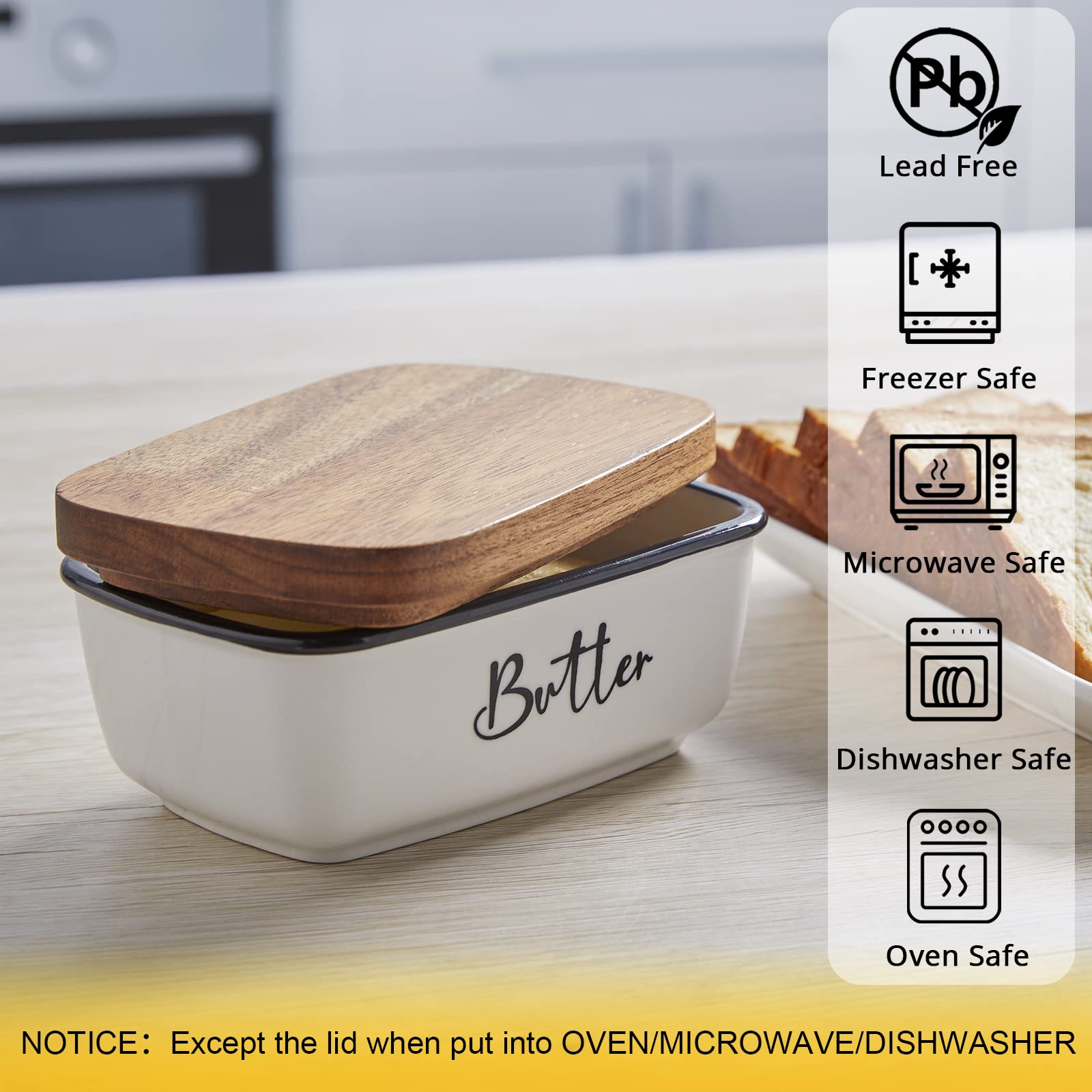 Butter Dish with Lid, ALELION Large Ceramic Butter Dish for Countertop, Butter Keeper with Thick Acacia Wood Lid, Kitchen Decor and Accessories for Kitchen Gifts, White