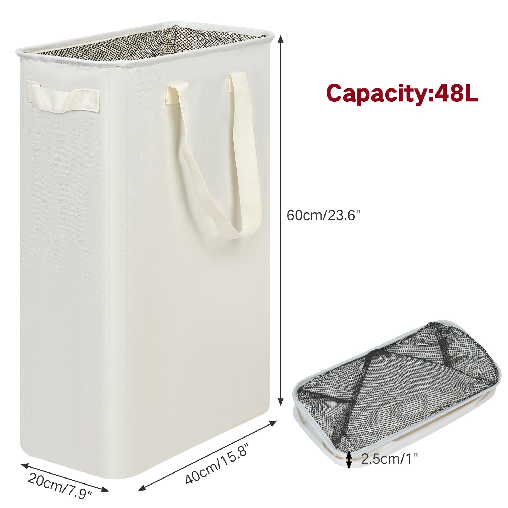 efluky Slim Laundry Basket, Narrow Laundry Hamper with Handles, Collapsible Dirty Clothes Hamper, Tall Laundry Bin for Laundry Room, Dorm and Bedroom, 12.7 Gallons(48L) Beige
