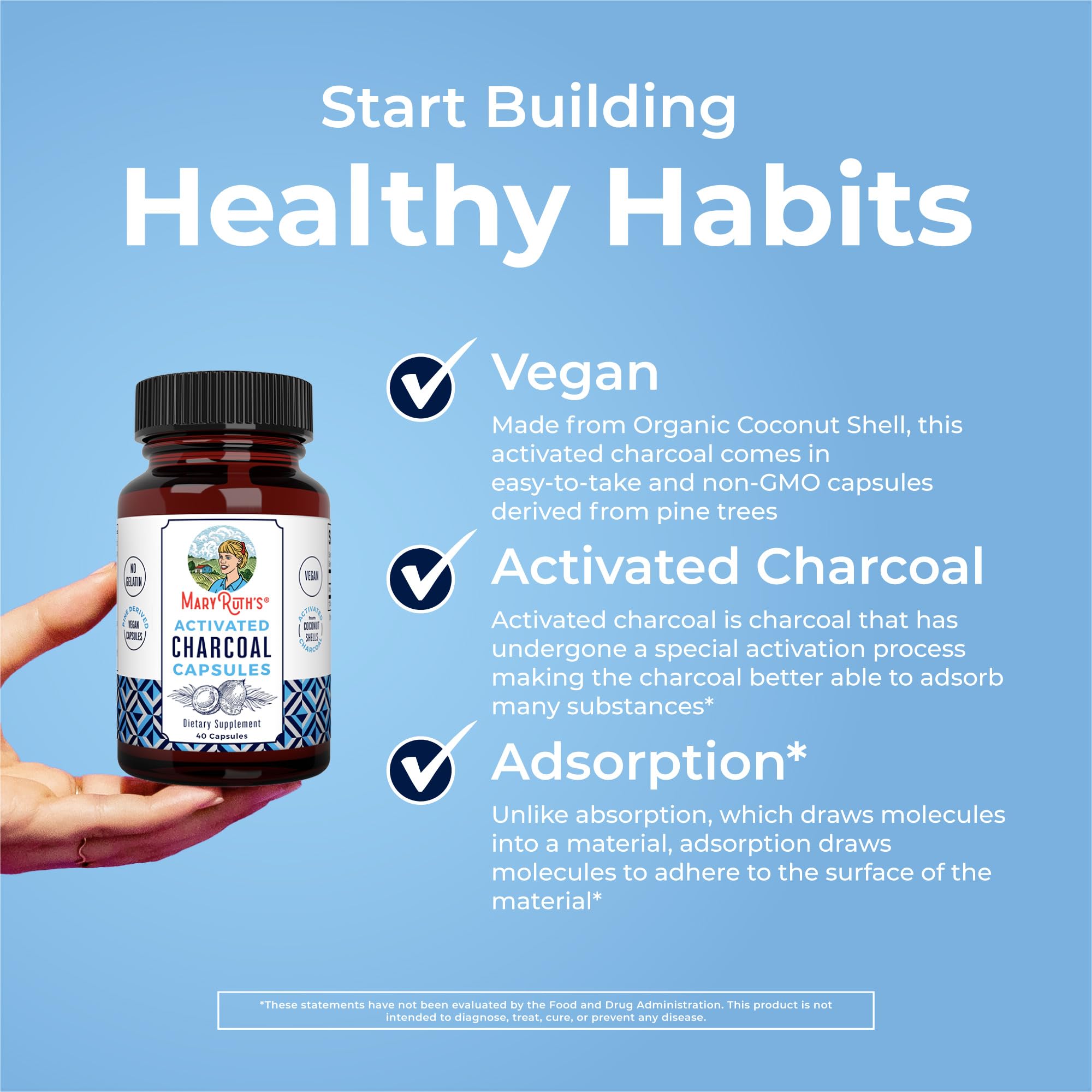 MaryRuth Organics Activated Charcoal Capsules | Substance Adsorption | Derived from Coconut Shells | Vegan Capsules from Pine Trees | Non-GMO | Gluten Free | 40 Count